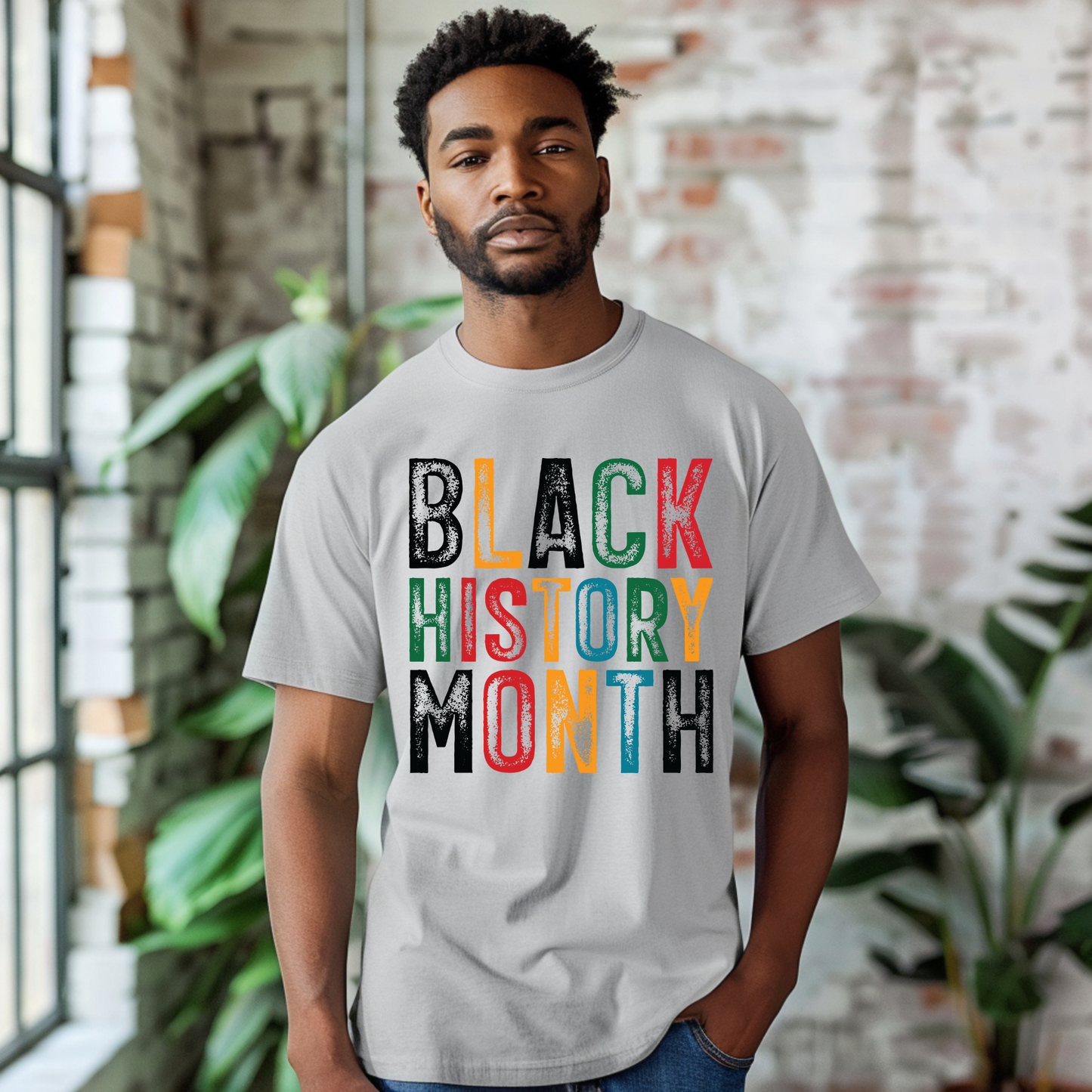 Man wearing a gray t-shirt with 'Black History Month' in colorful letters, standing in a room with plants and brick walls.