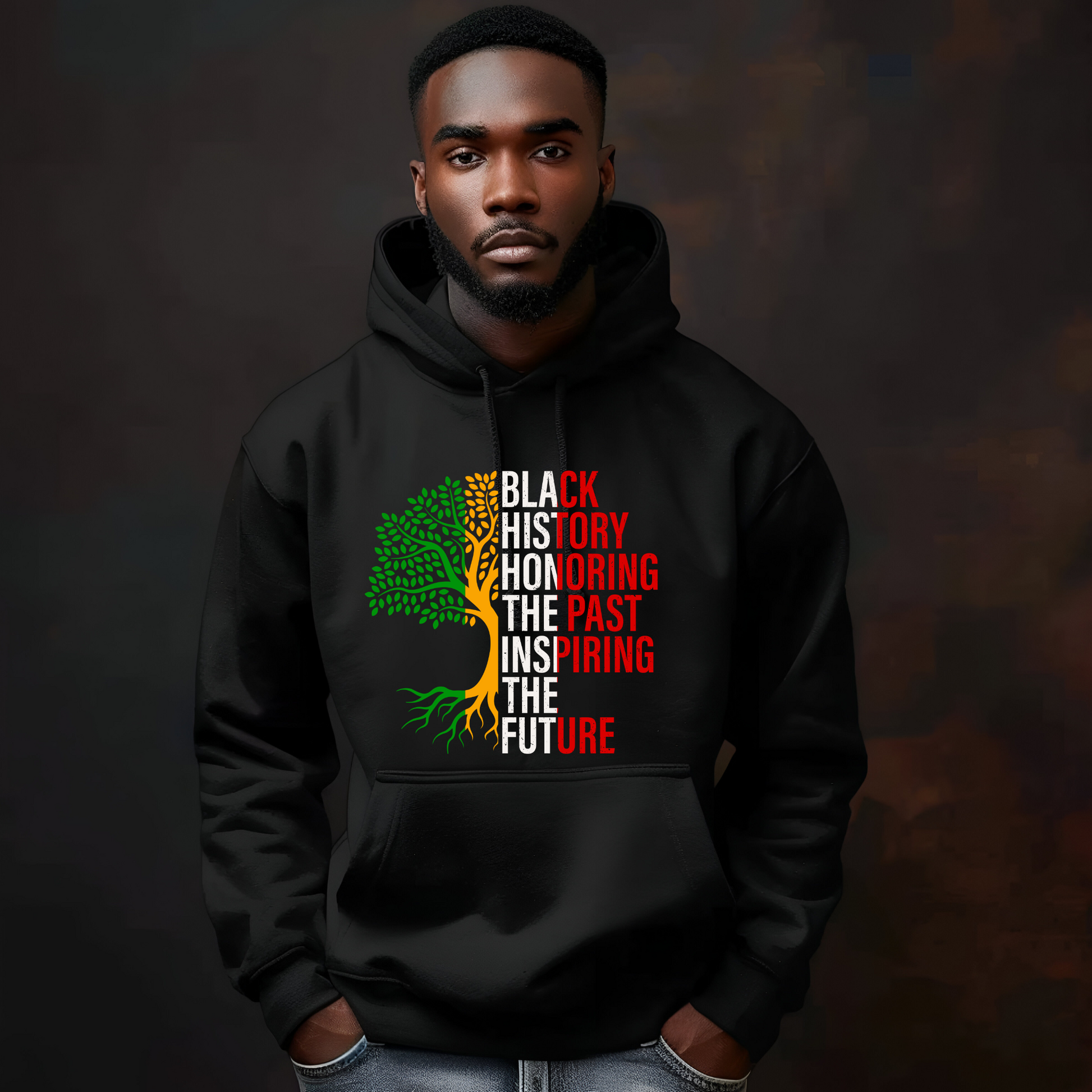 Black Men Wearing Unisex sweatshirt featuring the phrase "Black History: Honoring The Past, Inspiring the Future," celebrating Black heritage and empowerment with bold, inspiring text.