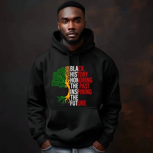 Black Men Wearing Unisex sweatshirt featuring the phrase "Black History: Honoring The Past, Inspiring the Future," celebrating Black heritage and empowerment with bold, inspiring text.