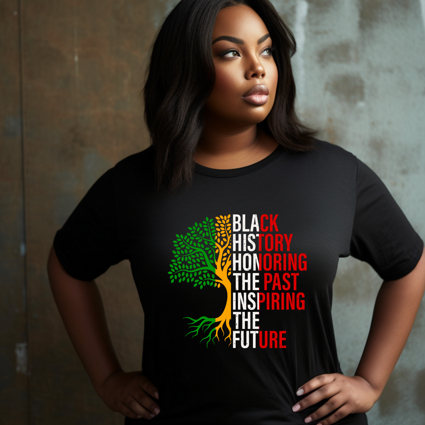 Women's  t-shirt featuring the phrase "Black History: Honoring The Past, Inspiring the Future," celebrating Black heritage and empowerment with bold, inspiring text to celebrate Black History and Cultural Pride with this shirt