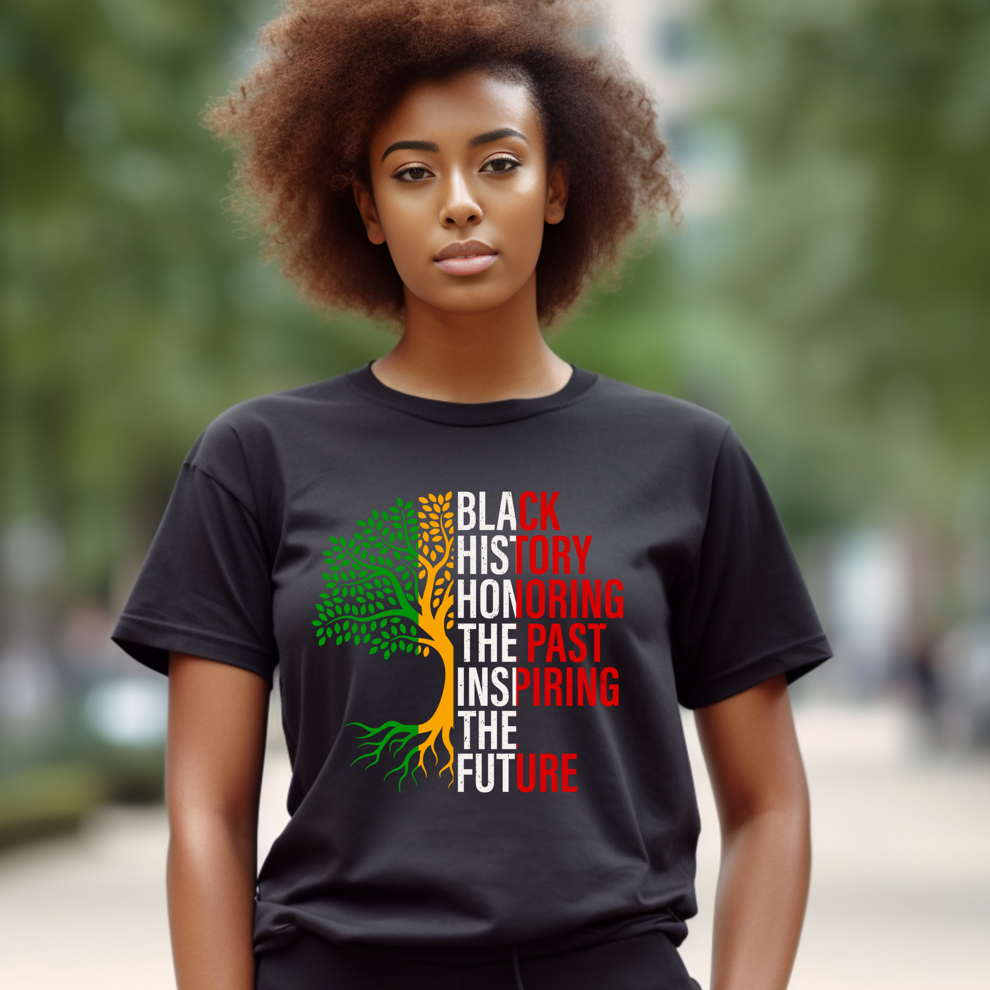 Unisex t-shirt featuring the phrase "Black History: Honoring The Past, Inspiring the Future," celebrating Black heritage and empowerment with bold, inspiring text to celebrate Black History and Cultural Pride with this shirt