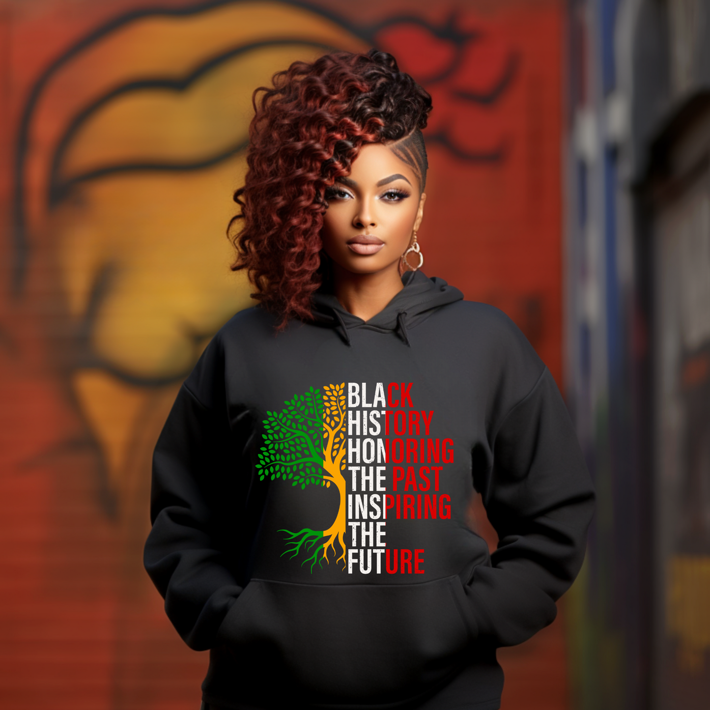 Black Women Wearing Unisex sweatshirt featuring the phrase "Black History: Honoring The Past, Inspiring the Future," celebrating Black heritage and empowerment with bold, inspiring text.