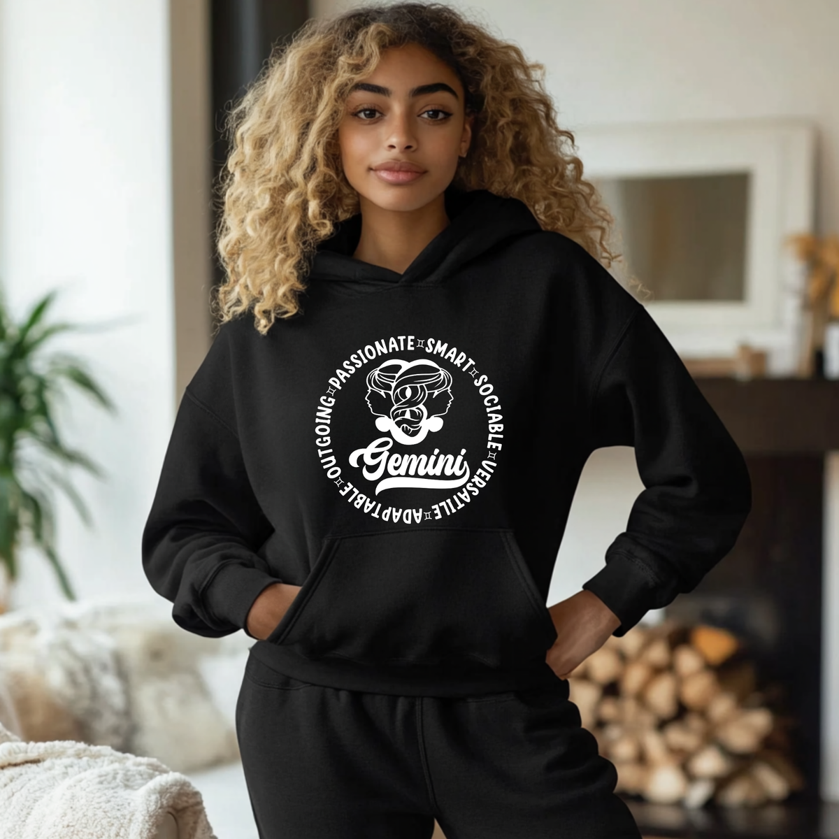 A woman with curly blonde hair wearing a black pullover hoodie and matching sweatpants, standing in a cozy indoor room with a fireplace and plant in the background. The hoodie features a white circular graphic with a Gemini zodiac symbol and text.