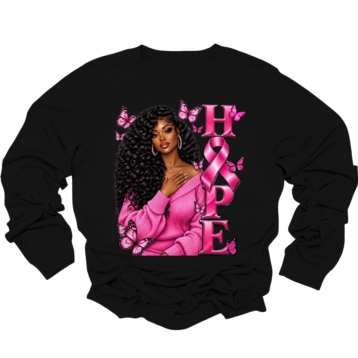 A black long-sleeve crewneck sweatshirt featuring a pink graphic on the front with a breast cancer ribbon, boxing gloves, the words 'Breast Cancer' and 'WARRIOR', and small heart accents, shown on a plain white background.