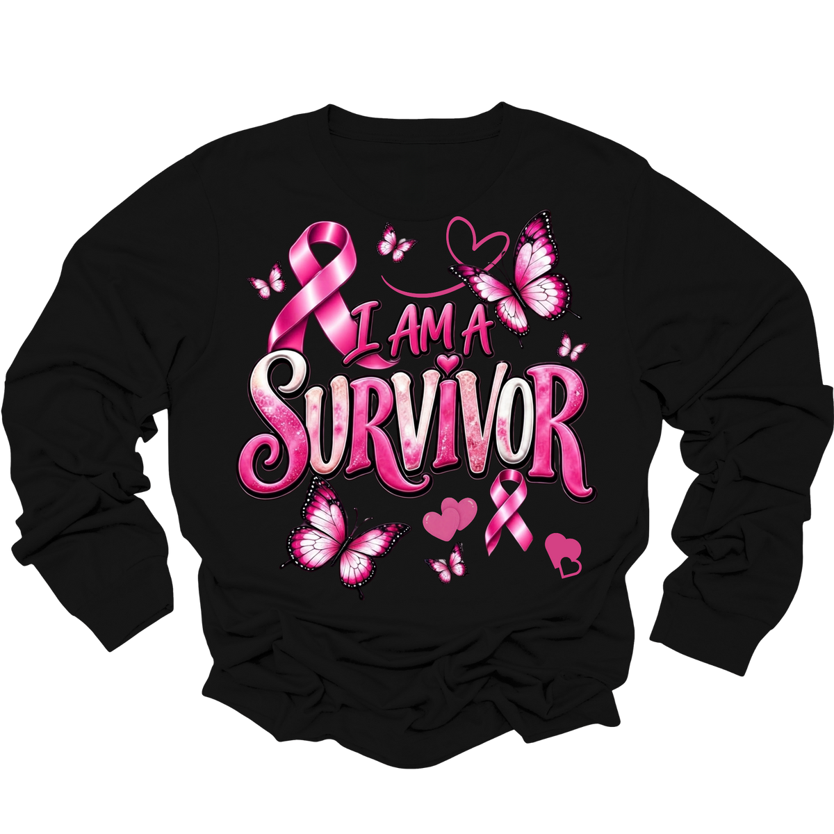 A black long-sleeve crewneck sweatshirt featuring a pink graphic on the front with a breast cancer ribbon, boxing gloves, the words 'Breast Cancer' and 'WARRIOR', and small heart accents, shown on a plain white background.