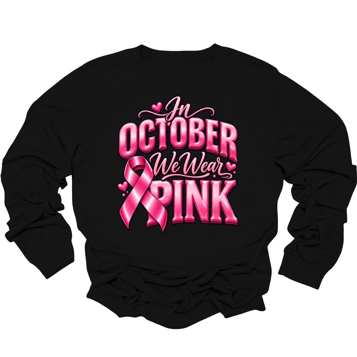 A black long-sleeve crewneck sweatshirt featuring a pink graphic on the front with a breast cancer ribbon, boxing gloves, the words 'Breast Cancer' and 'WARRIOR', and small heart accents, shown on a plain white background.