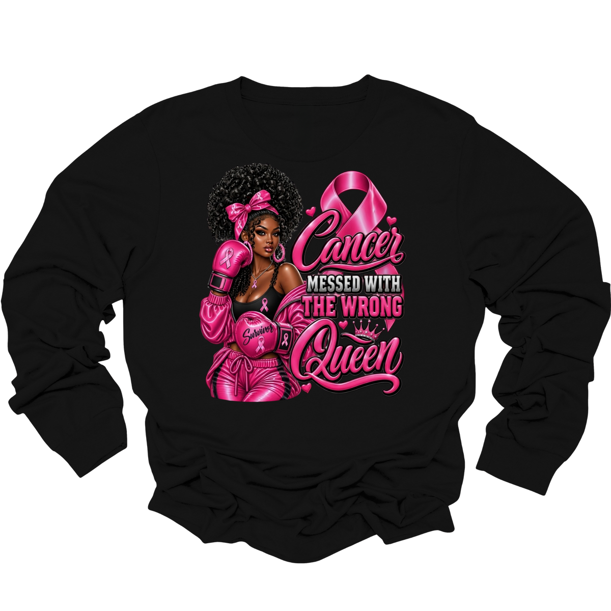 A black long-sleeve crewneck sweatshirt featuring a graphic print on the front. The graphic shows three women in pink clothing sitting together behind a pink ribbon, with the text 'HER Fight IS OUR Fight' in pink and white lettering.