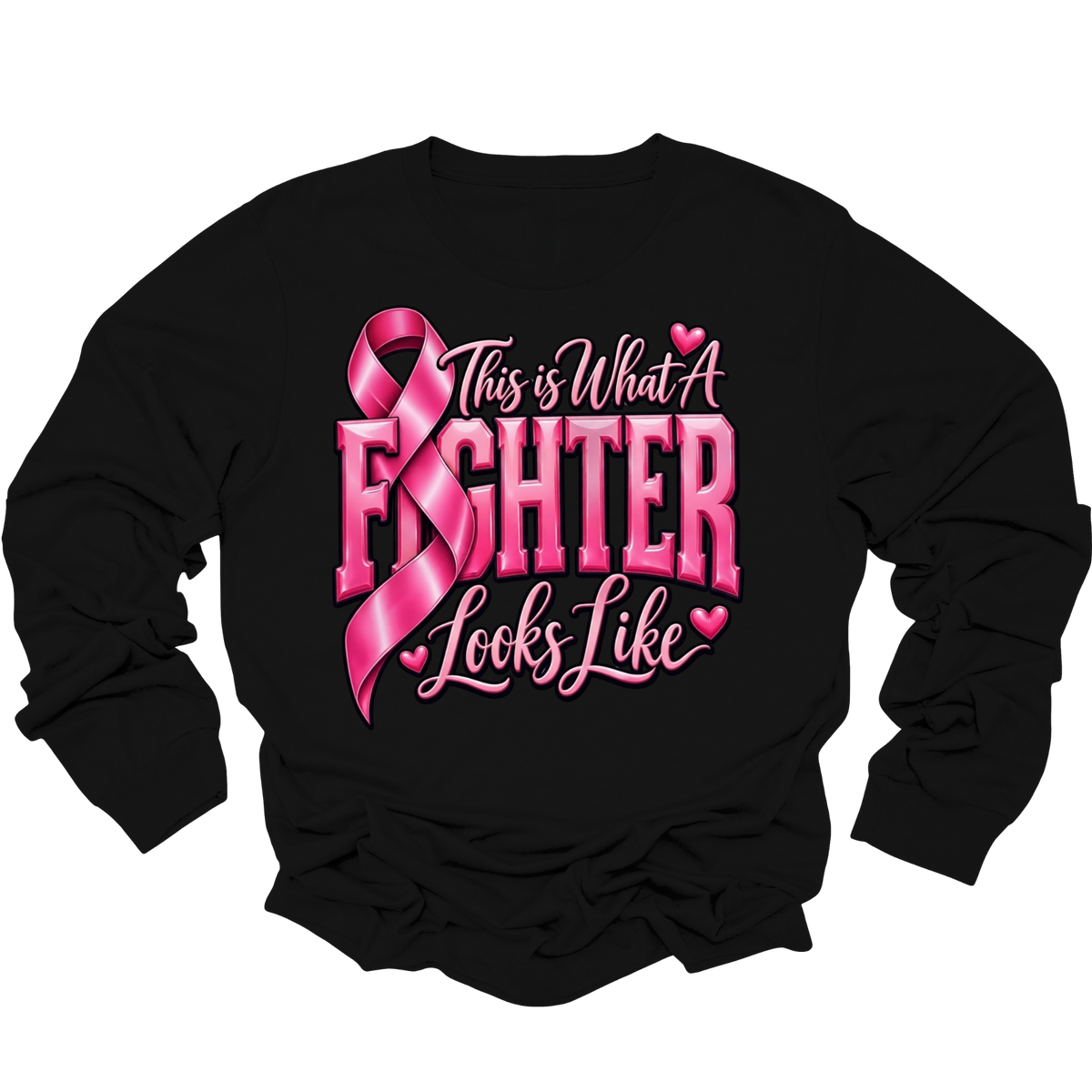 A black long-sleeve crewneck sweatshirt featuring a pink graphic on the front with a breast cancer ribbon, boxing gloves, the words 'Breast Cancer' and 'WARRIOR', and small heart accents, shown on a plain white background.