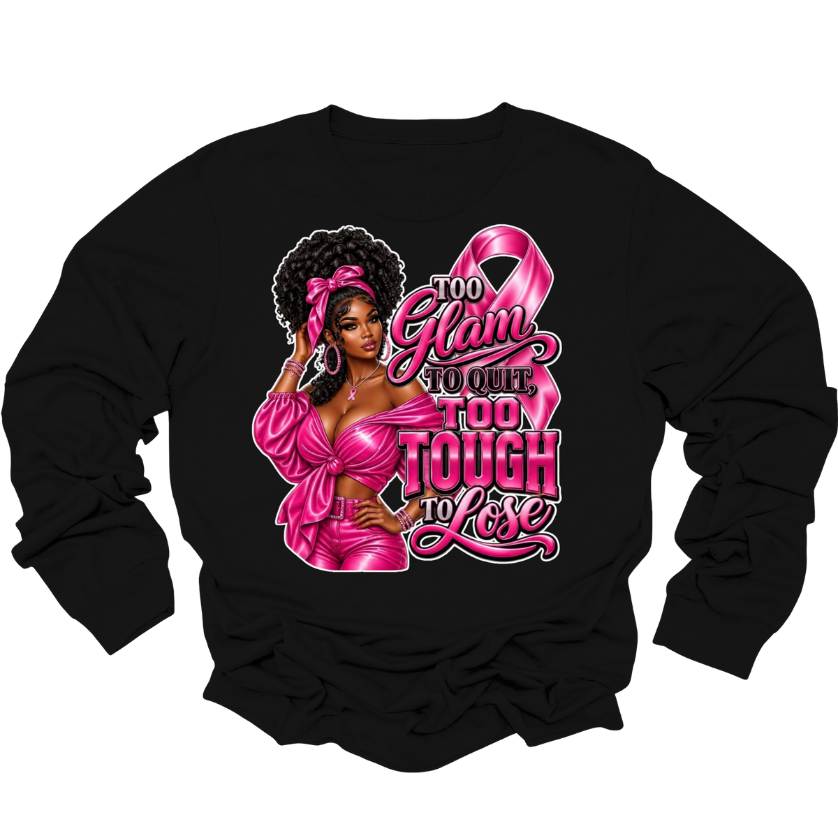 A black long-sleeve crewneck sweatshirt featuring a pink graphic on the front with a breast cancer ribbon, boxing gloves, the words 'Breast Cancer' and 'WARRIOR', and small heart accents, shown on a plain white background.