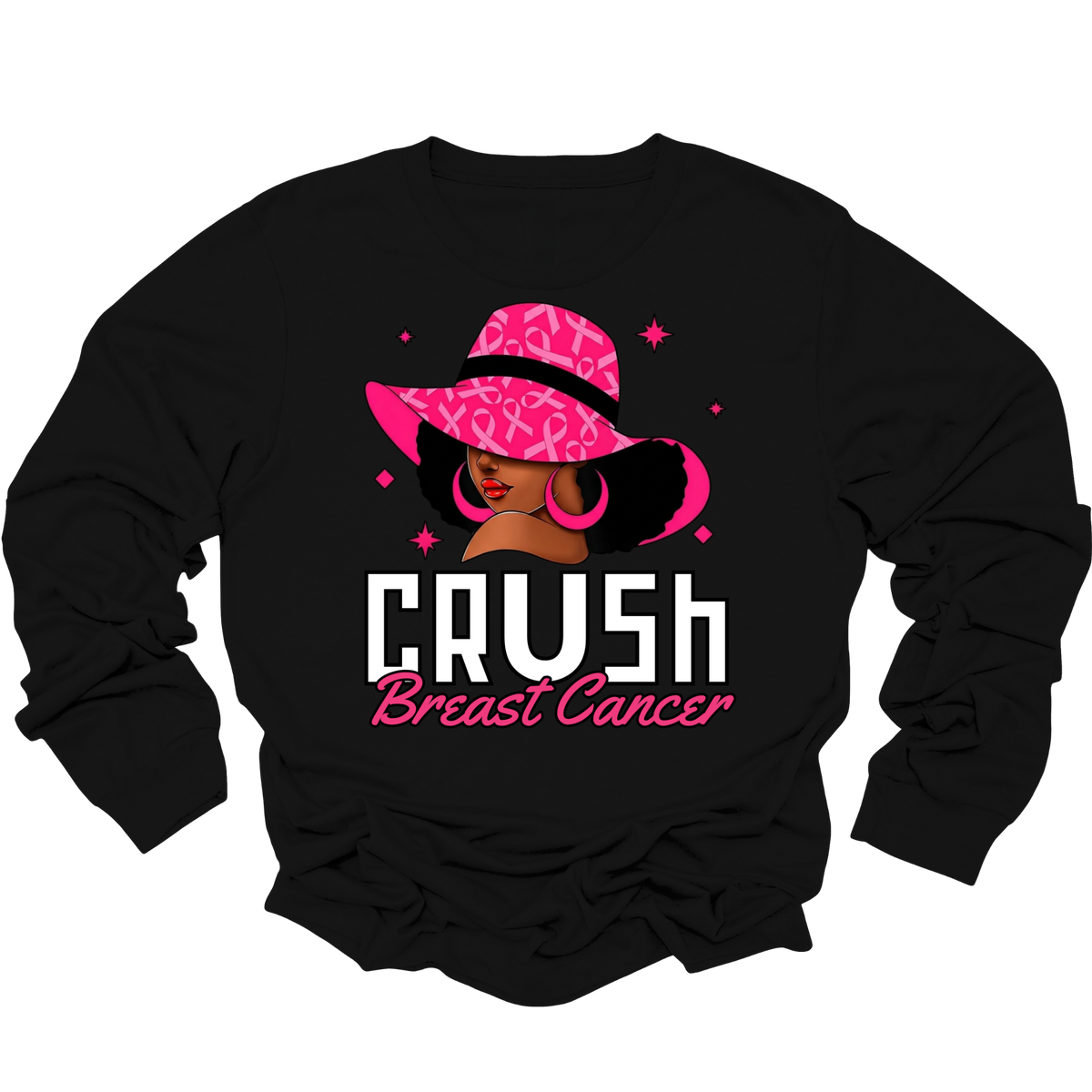A black long-sleeve crewneck sweatshirt featuring a graphic print of a woman in a pink leopard-print hat with the text 'CRUSH Breast Cancer' in white and pink lettering.