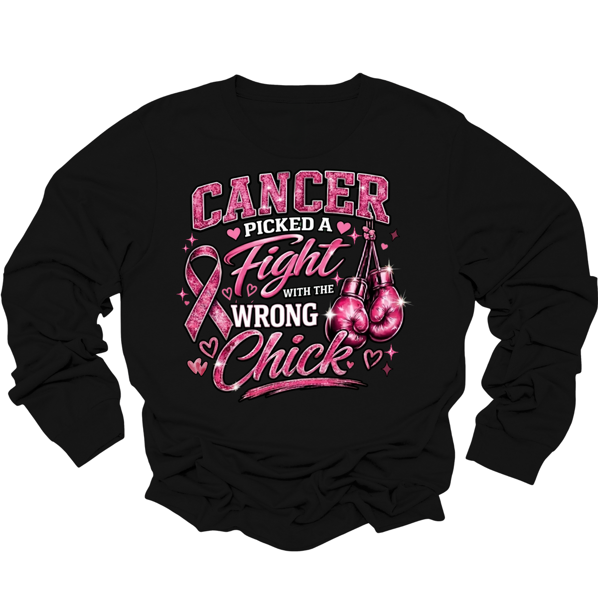 A black long-sleeve crewneck sweatshirt featuring a graphic print on the front. The graphic shows three women in pink clothing sitting together behind a pink ribbon, with the text 'HER Fight IS OUR Fight' in pink and white lettering.