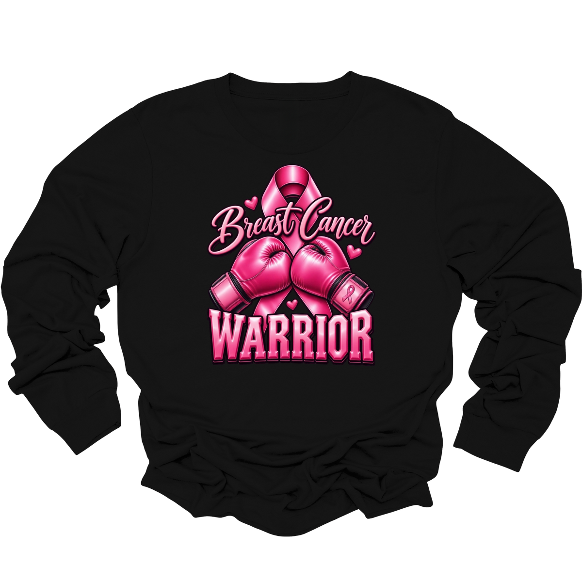 A black long-sleeve crewneck sweatshirt featuring a pink graphic on the front with a breast cancer ribbon, boxing gloves, the words 'Breast Cancer' and 'WARRIOR', and small heart accents, shown on a plain white background.