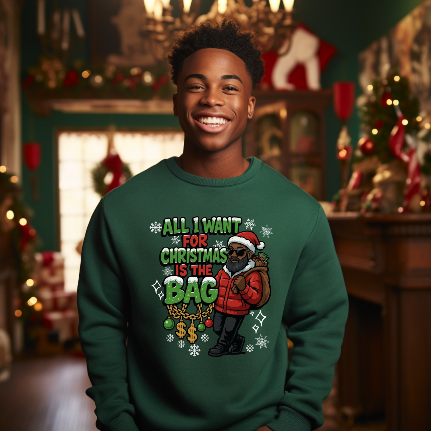 Men's Black Santa Christmas Sweater - All I Want for Christmas Funny Santa Sweatshirt