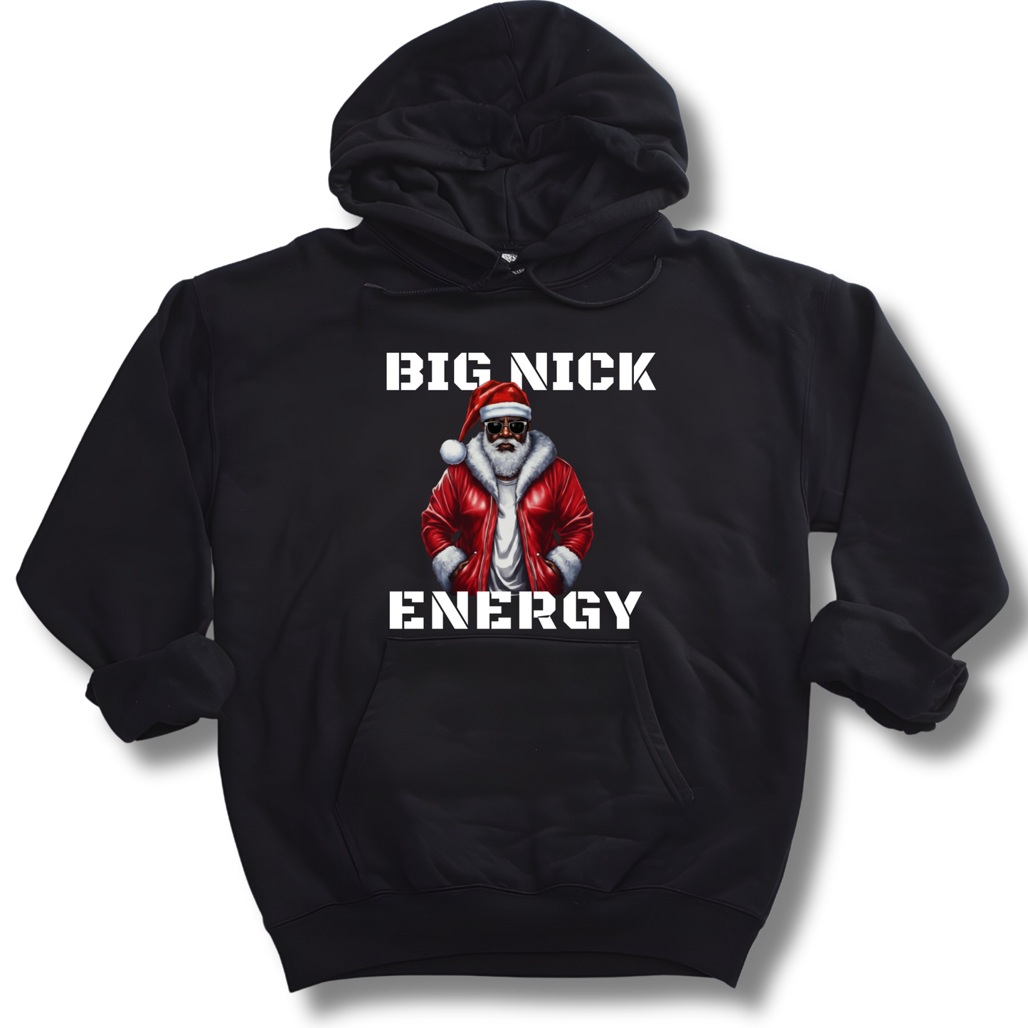 Black hoodie with graphic of a person in a red jacket and sunglasses, labeled 'BIG NICK ENERGY' on a white background.