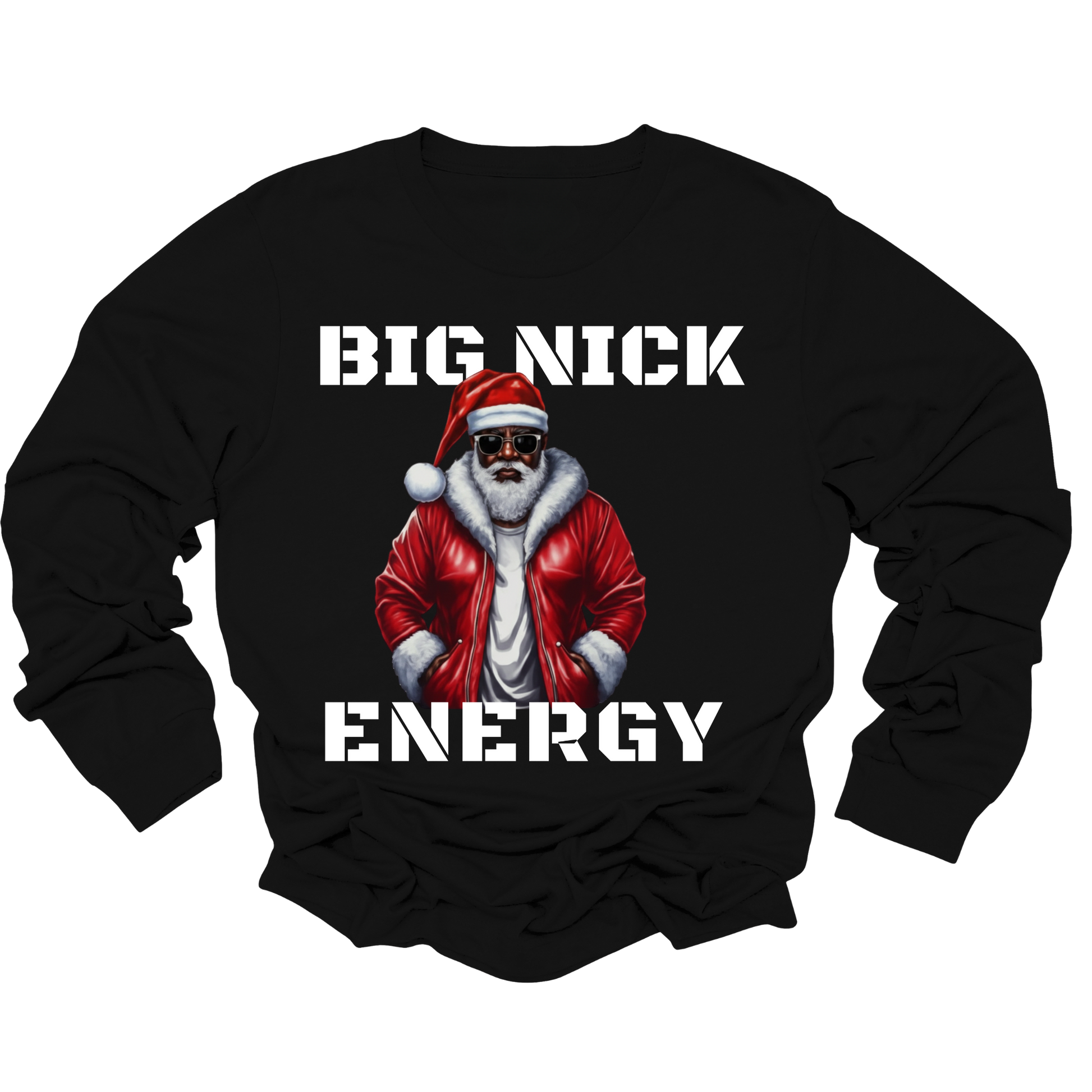 Black sweatshirt with a graphic of a character in a red jacket and Santa hat, with 'BIG NICK ENERGY' text.