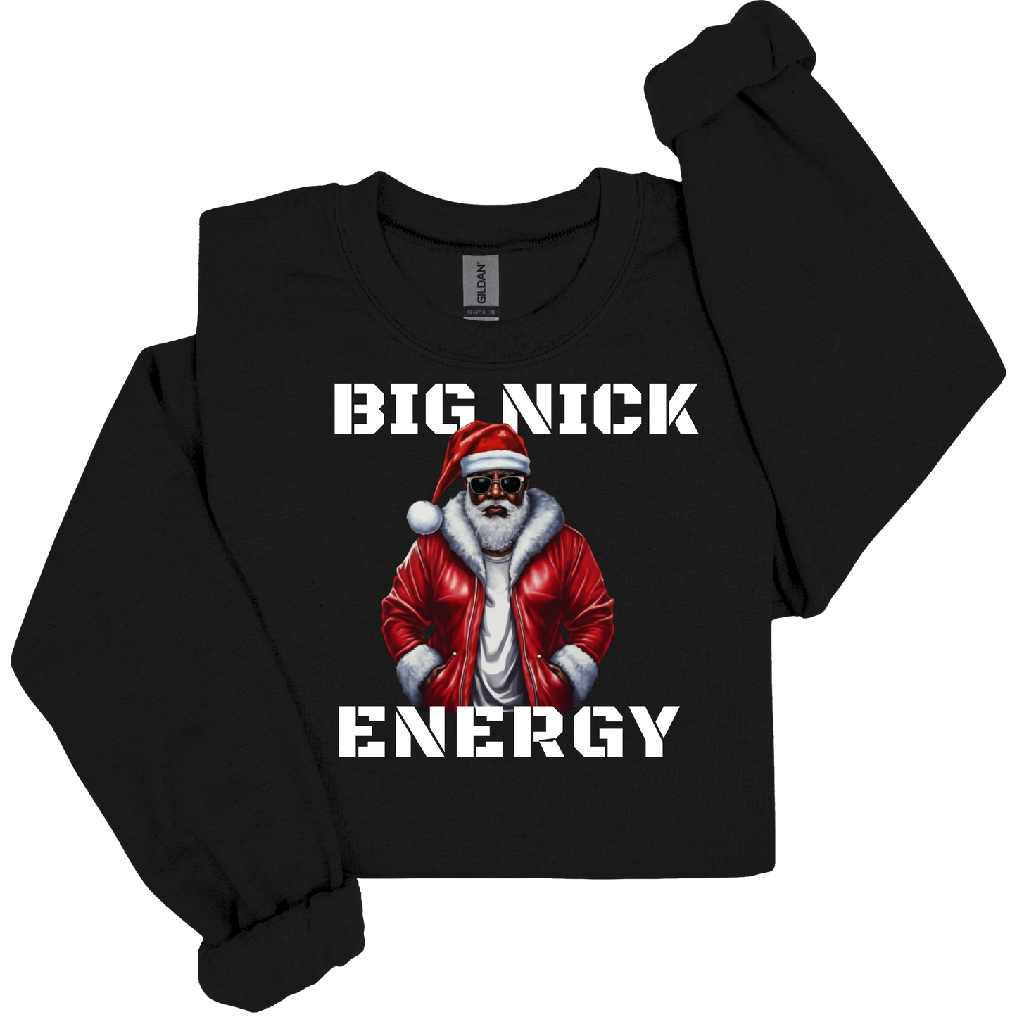 Black long-sleeve shirt with a graphic of a person in a red Santa suit and sunglasses, text 'BIG NICK ENERGY' on a white background.
