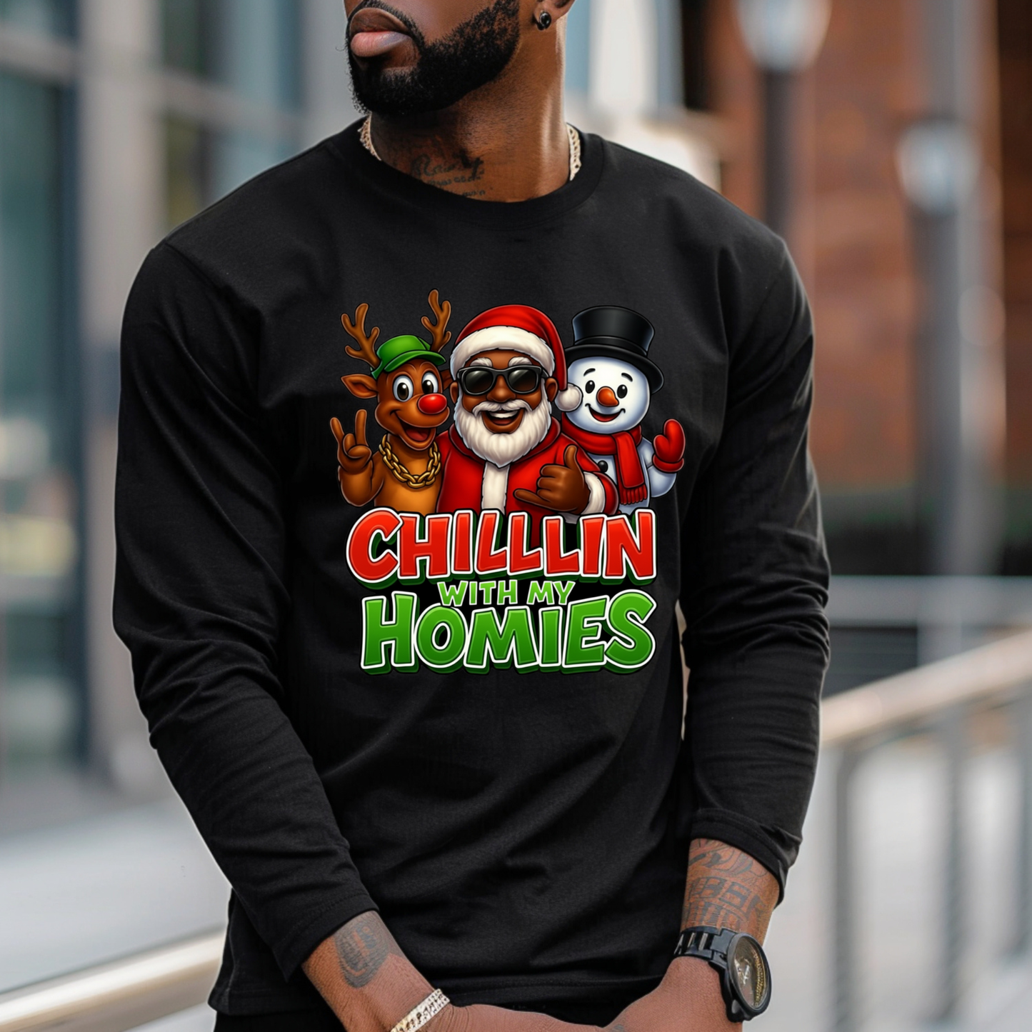 Black Santa Urban Christmas Shirt - "Chillin with my Homies" Casual Sweatshirt