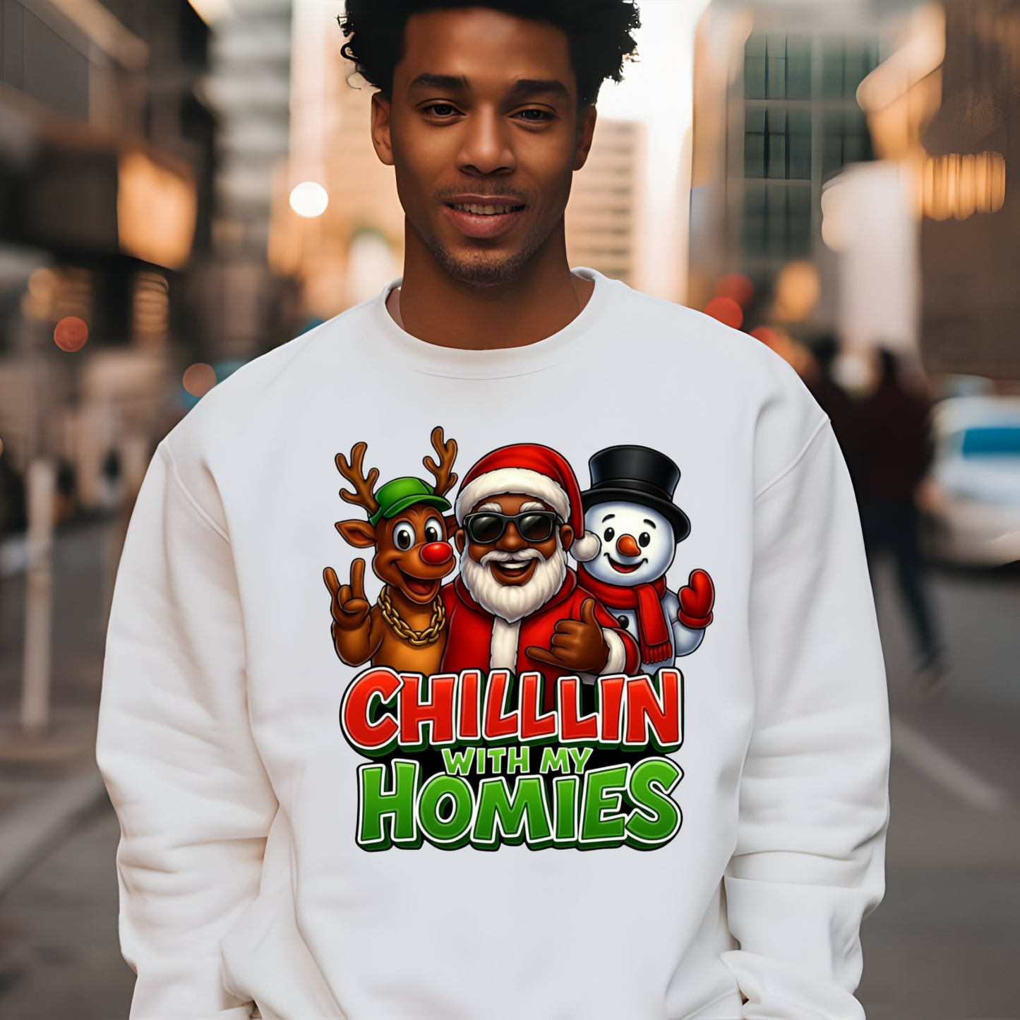 Black Santa Urban Christmas Shirt - "Chillin with my Homies" Casual Sweatshirt
