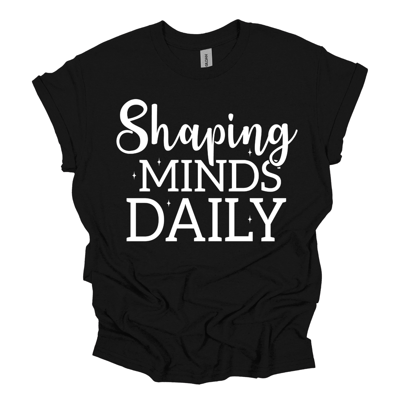 A black short-sleeve t-shirt with the phrase 'Shaping MINDS DAILY' printed in white across the front, displayed on a solid white background.