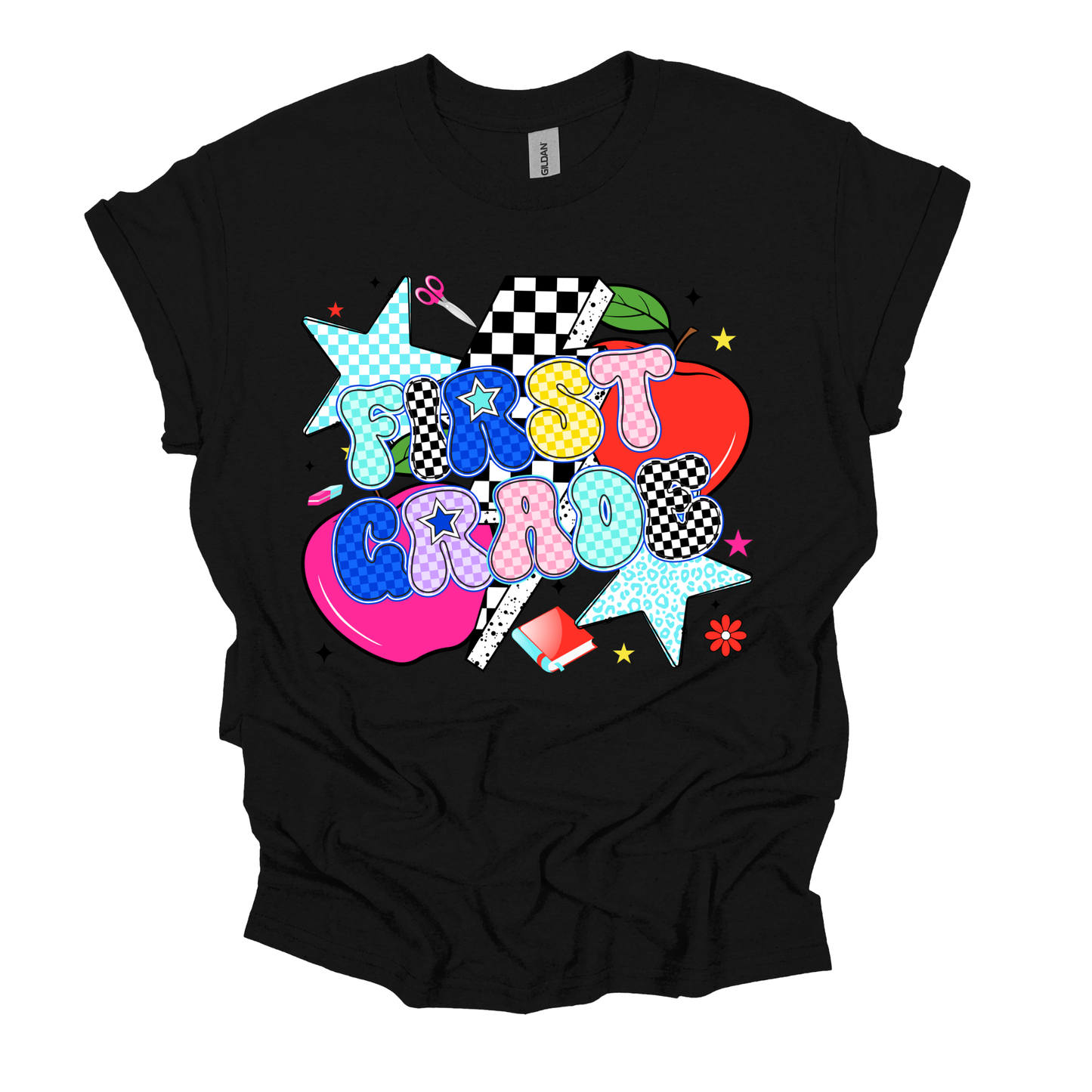 A black short-sleeve t-shirt with a colorful retro graphic on the front that reads 'FIRST CROCODILE' in stylized multicolor letters over a red apple, stars, checkered patterns, and other doodles, shown on a plain white background.