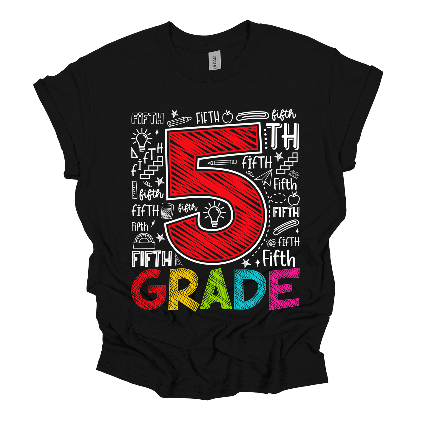 A black short-sleeve t-shirt with a colorful 'Fifth Grade' graphic on the front, featuring a large red and white number 5 surrounded by hand-drawn school-themed doodles and the word 'Fifth Grade' in rainbow colors at the bottom.