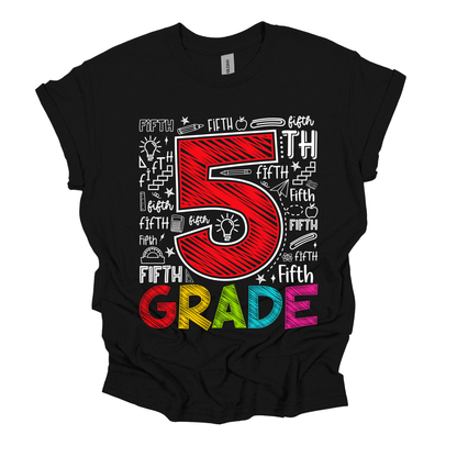 A black short-sleeve t-shirt with a colorful 'Fifth Grade' graphic on the front, featuring a large red and white number 5 surrounded by hand-drawn school-themed doodles and the word 'Fifth Grade' in rainbow colors at the bottom.