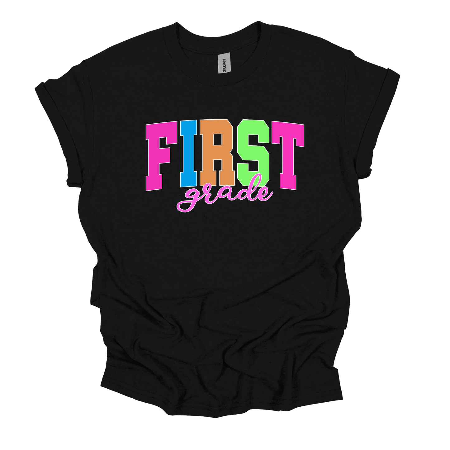 A black short-sleeve t-shirt with a colorful graphic on the chest reading 'FIRST grade' in bright neon-style letters, shown on a plain white background.