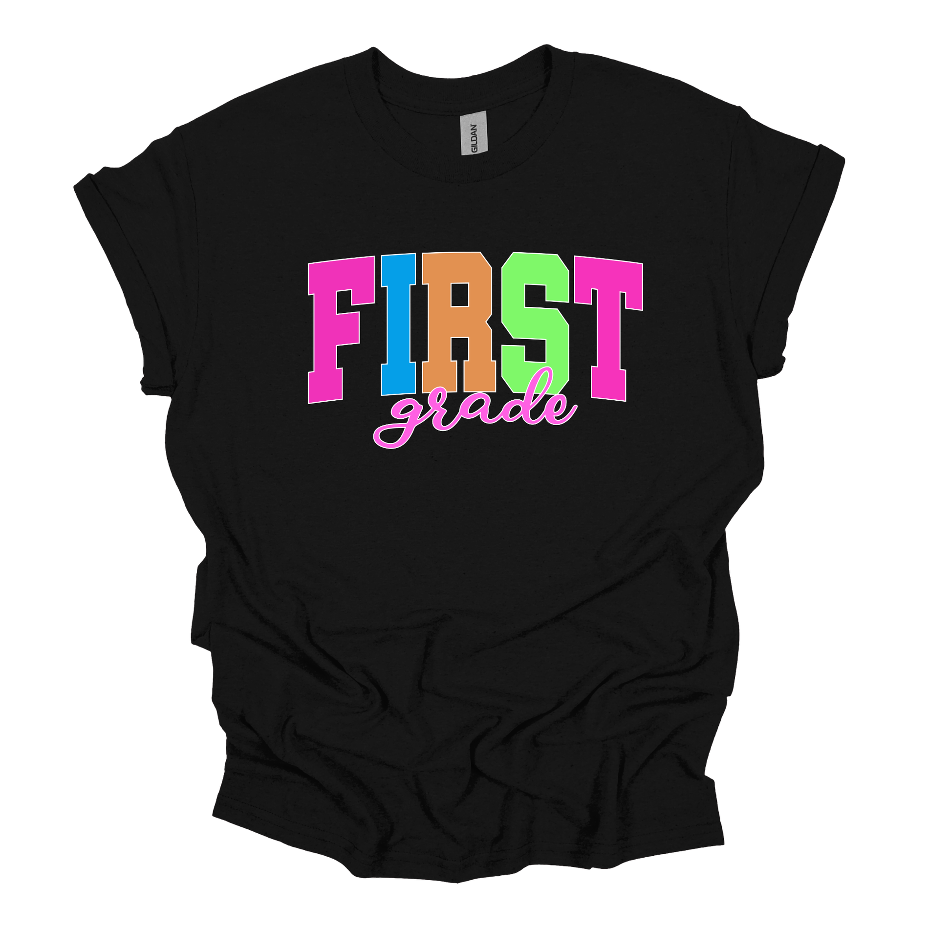 A black short-sleeve t-shirt with a colorful graphic on the chest reading 'FIRST grade' in bright neon-style letters, shown on a plain white background.