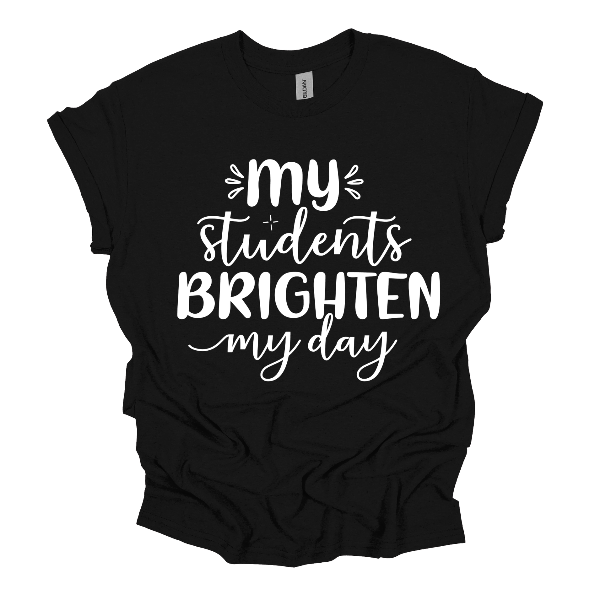 A black short-sleeve t-shirt with a white graphic text print reading 'my students BRIGHTEN my day' on a plain white background.
