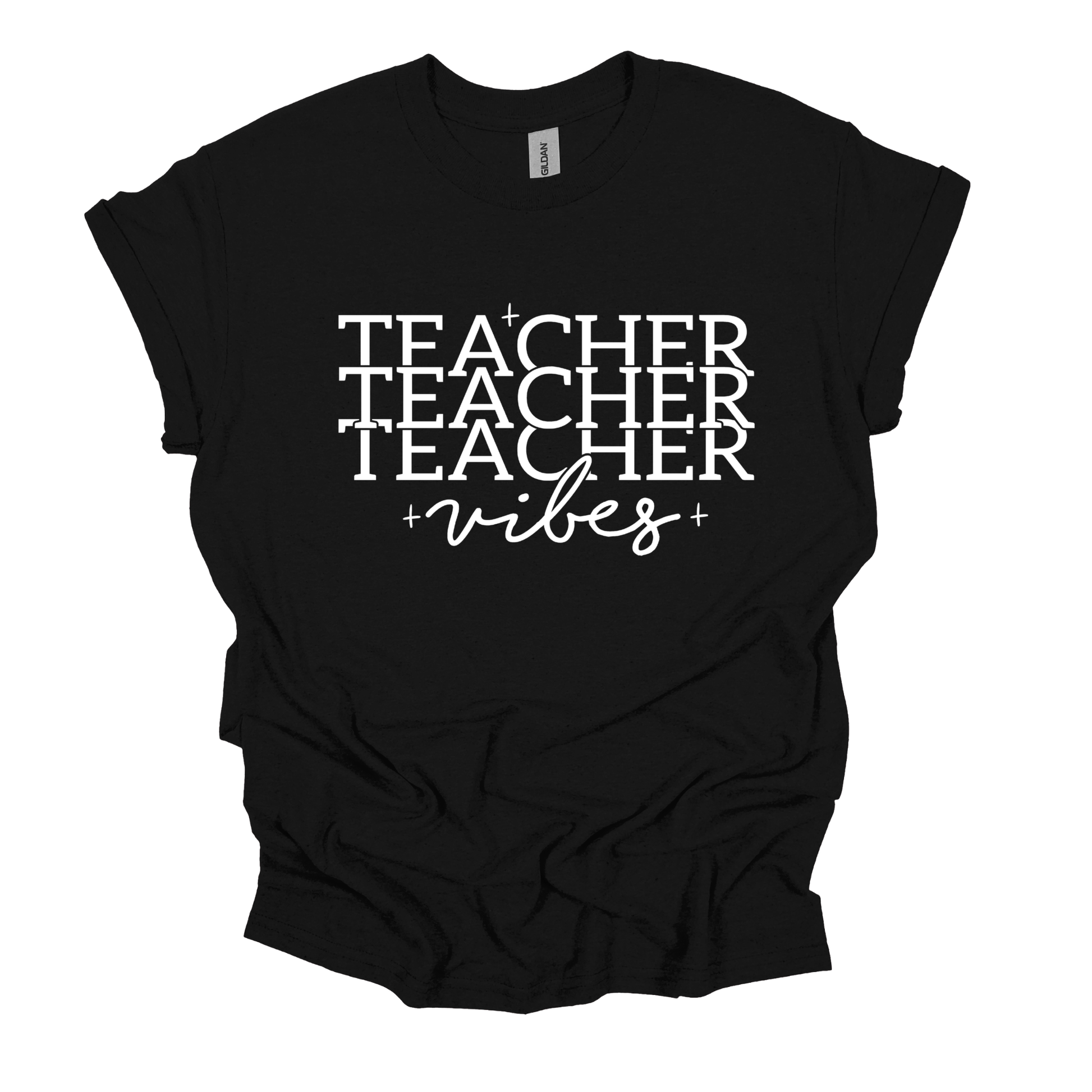 A black short-sleeve t-shirt with a white graphic print on the front that reads 'TEACHER TEACHER TEACHER vibes' in stacked block letters and cursive script, shown on a plain white background.