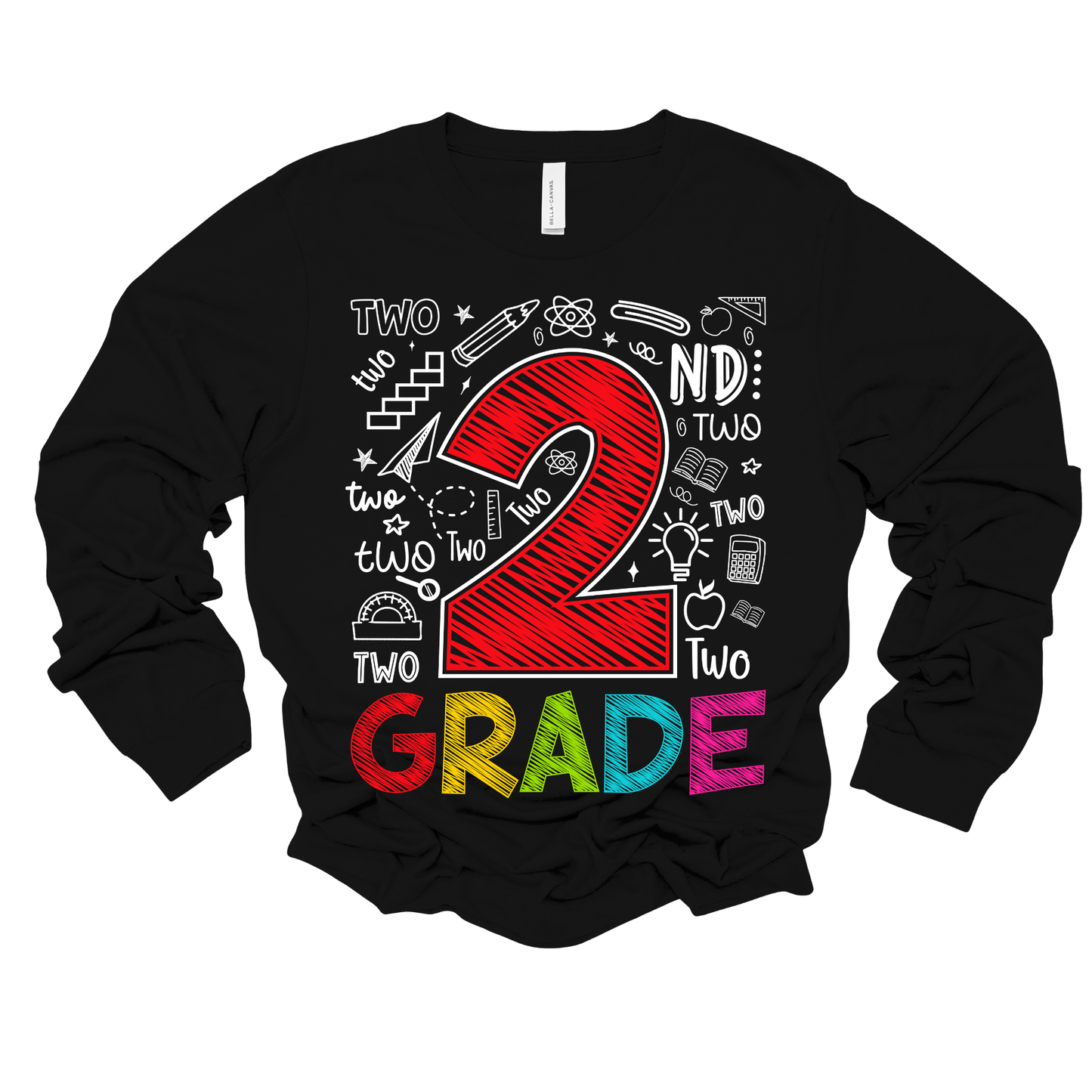 A black long-sleeve crewneck sweatshirt featuring a colorful graphic design on the front. The design includes a large red textured number '2' surrounded by white doodles and text reading 'TWO ND' and 'GRADE' in rainbow colors.