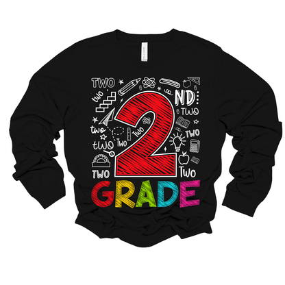 A black long-sleeve crewneck sweatshirt featuring a colorful graphic design on the front. The design includes a large red textured number '2' surrounded by white doodles and text reading 'TWO ND' and 'GRADE' in rainbow colors.
