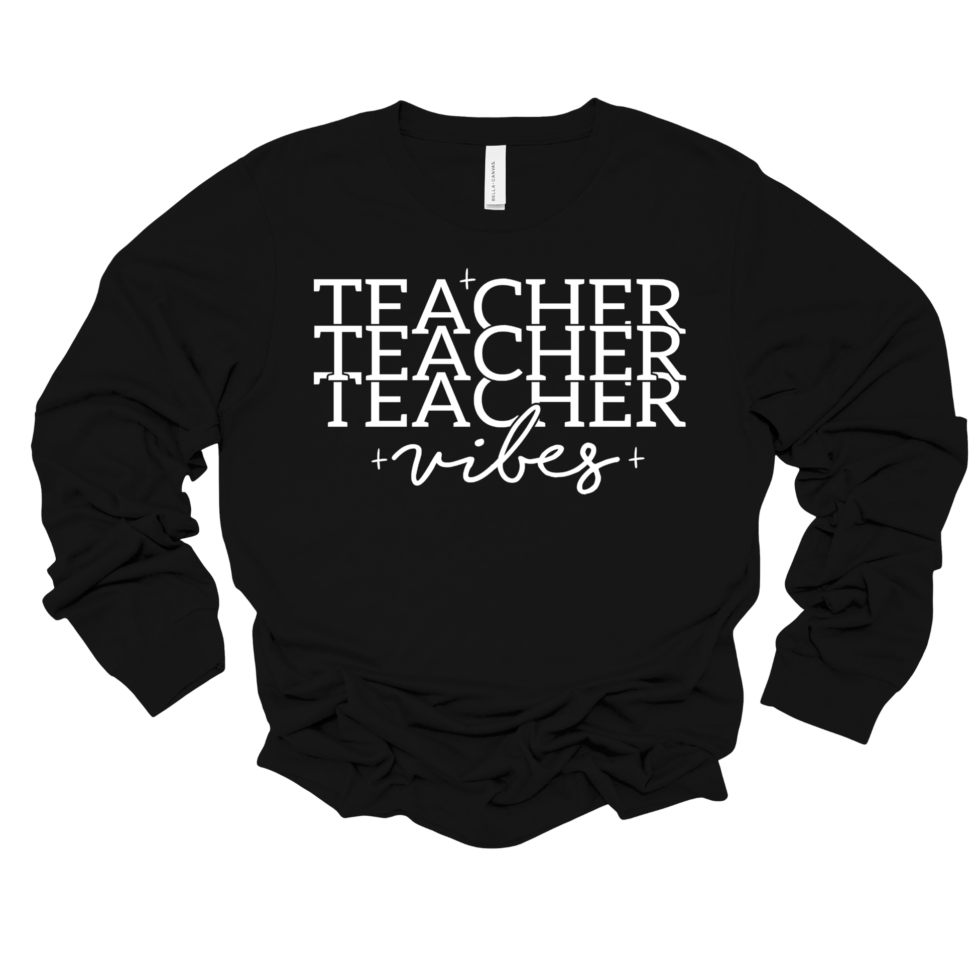 A black long-sleeve crewneck sweatshirt with 'TEACHER' printed repeatedly in white block letters and 'vibes' in white script below, shown on a plain white background.