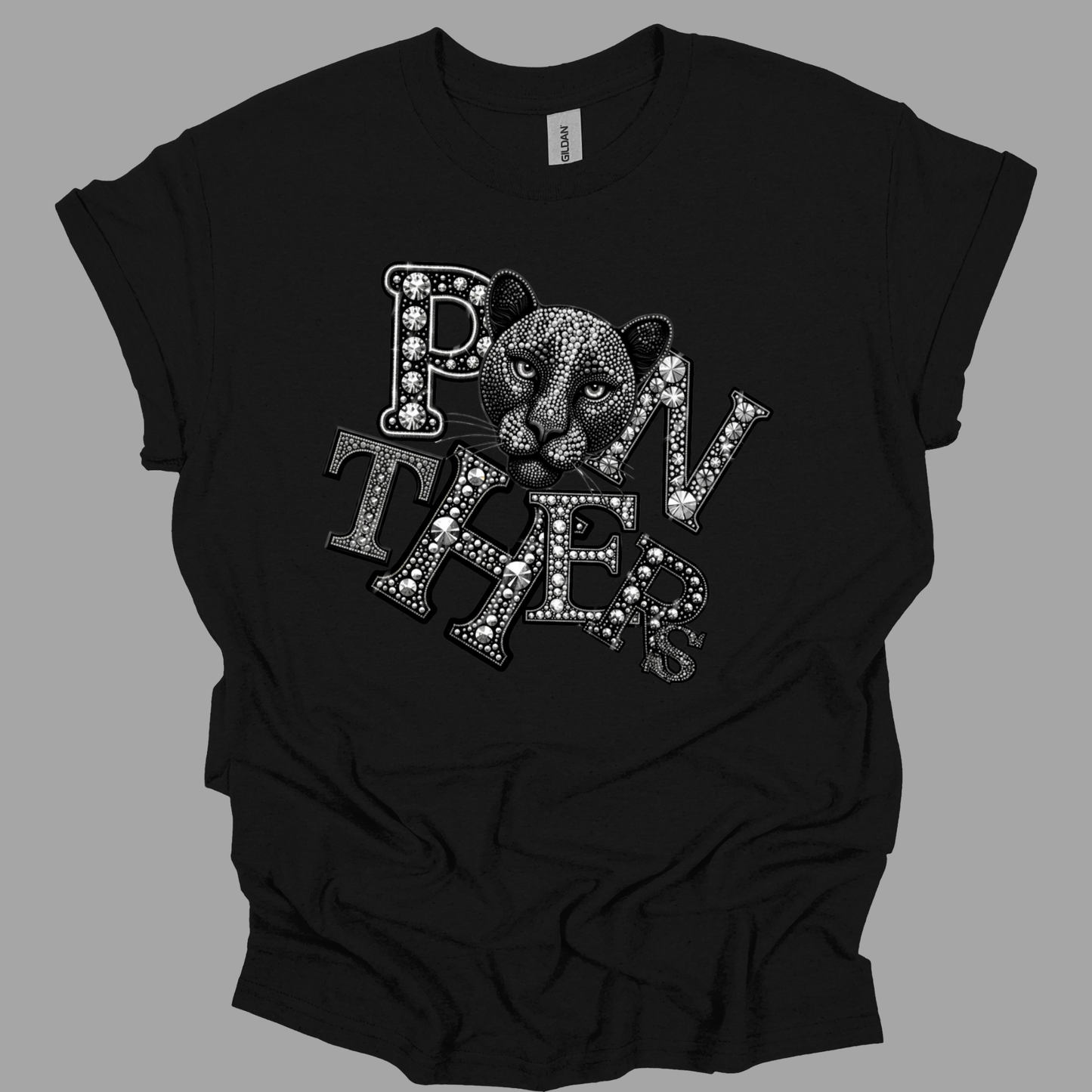 Panthers Spirit Shirt - Sparkly Bling Panther Faux Rhinestone Mascot T-shirt