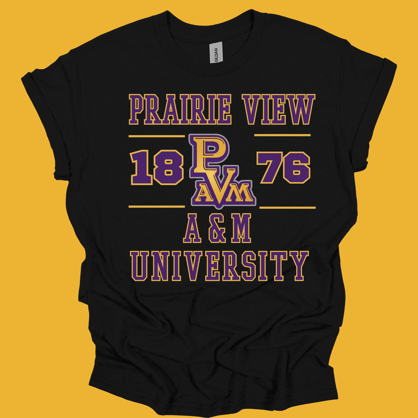 A black short-sleeve t-shirt with a purple and gold graphic print reading 'PRAIRIE VIEW 1876 PAVM A&M UNIVERSITY' on a solid yellow background.