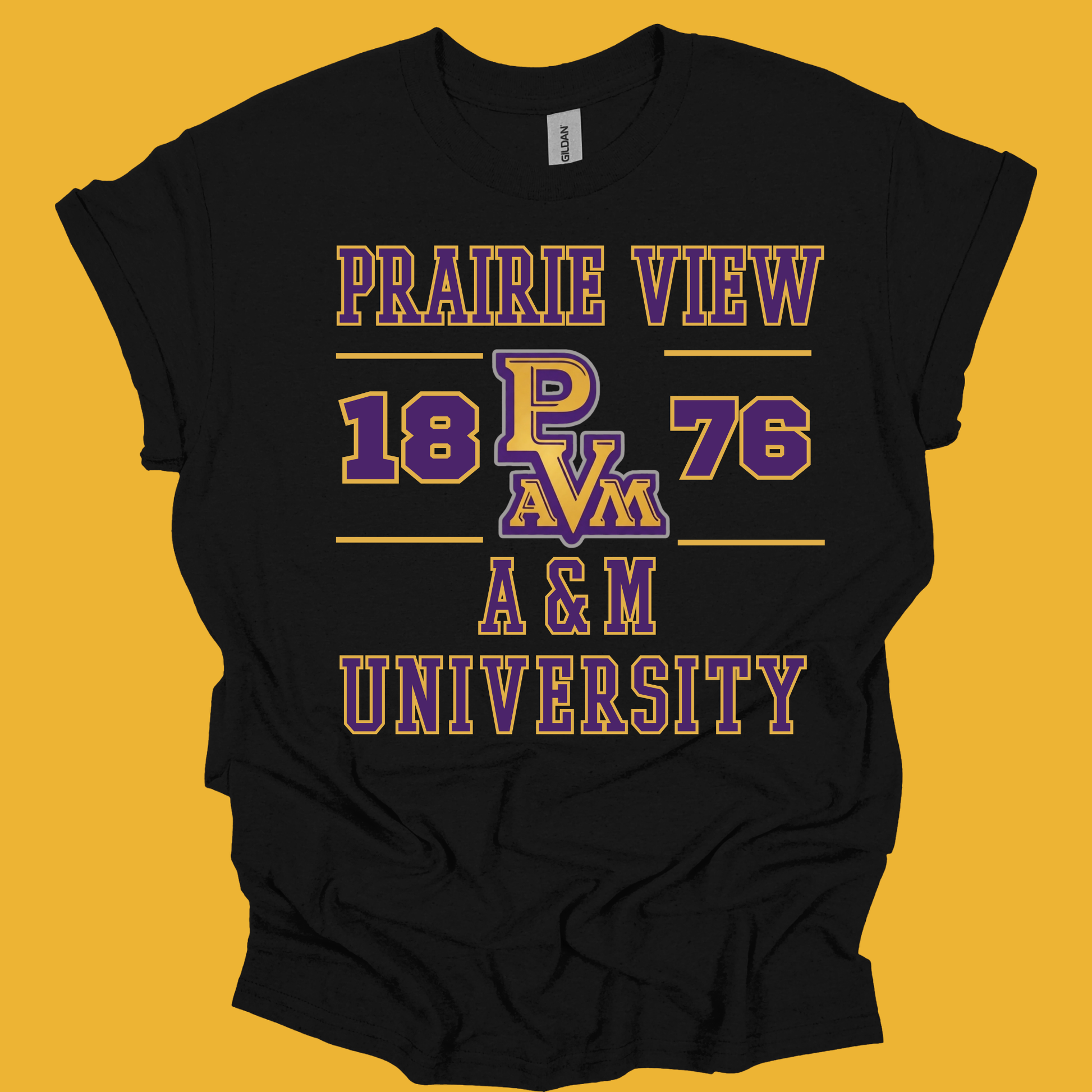 A black short-sleeve t-shirt with a purple and gold graphic print reading 'PRAIRIE VIEW 1876 PAVM A&M UNIVERSITY' on a solid yellow background.