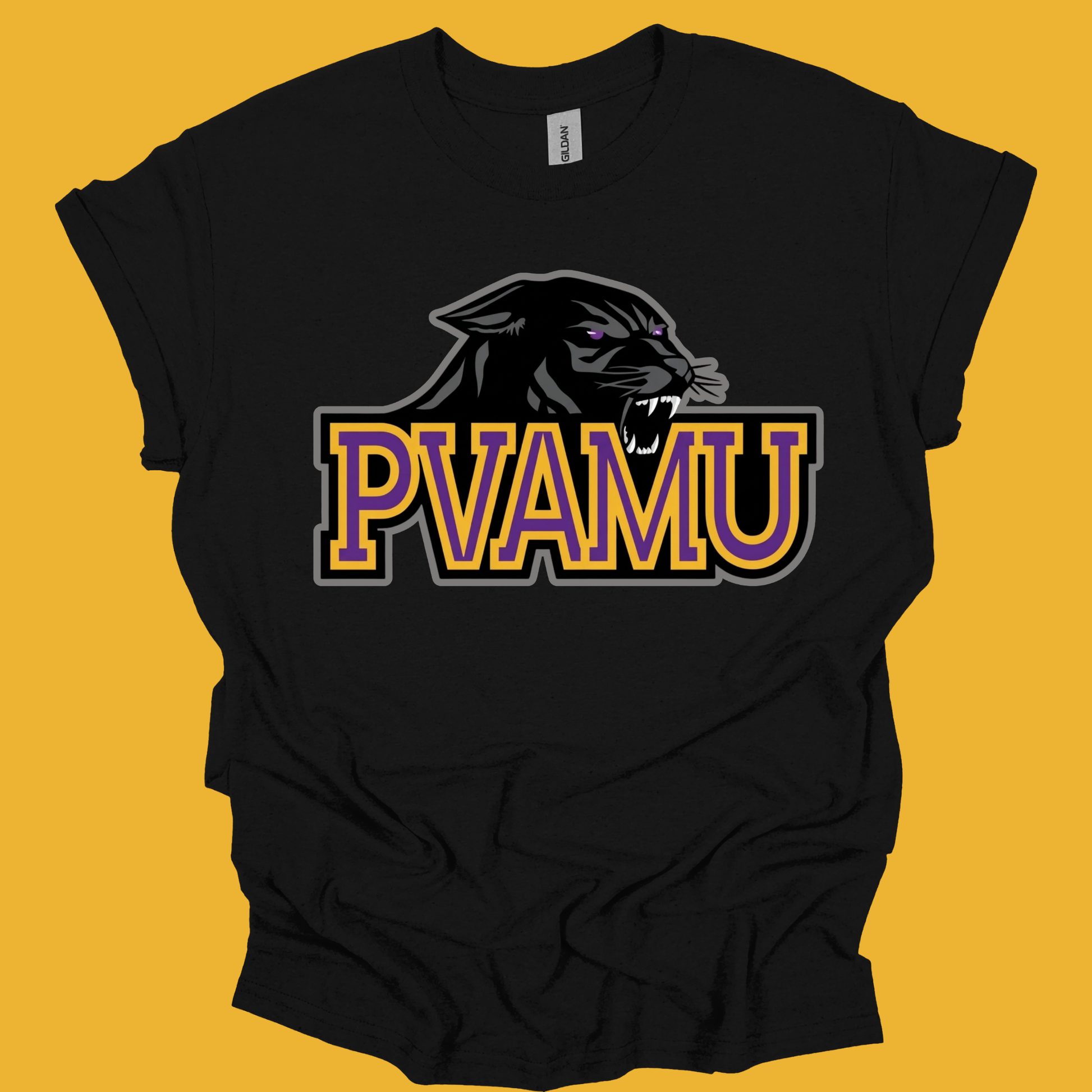 A black short-sleeve t-shirt with a graphic of a black panther head and the text 'PVAMU' in purple and gold with a black outline, displayed against a solid yellow background.