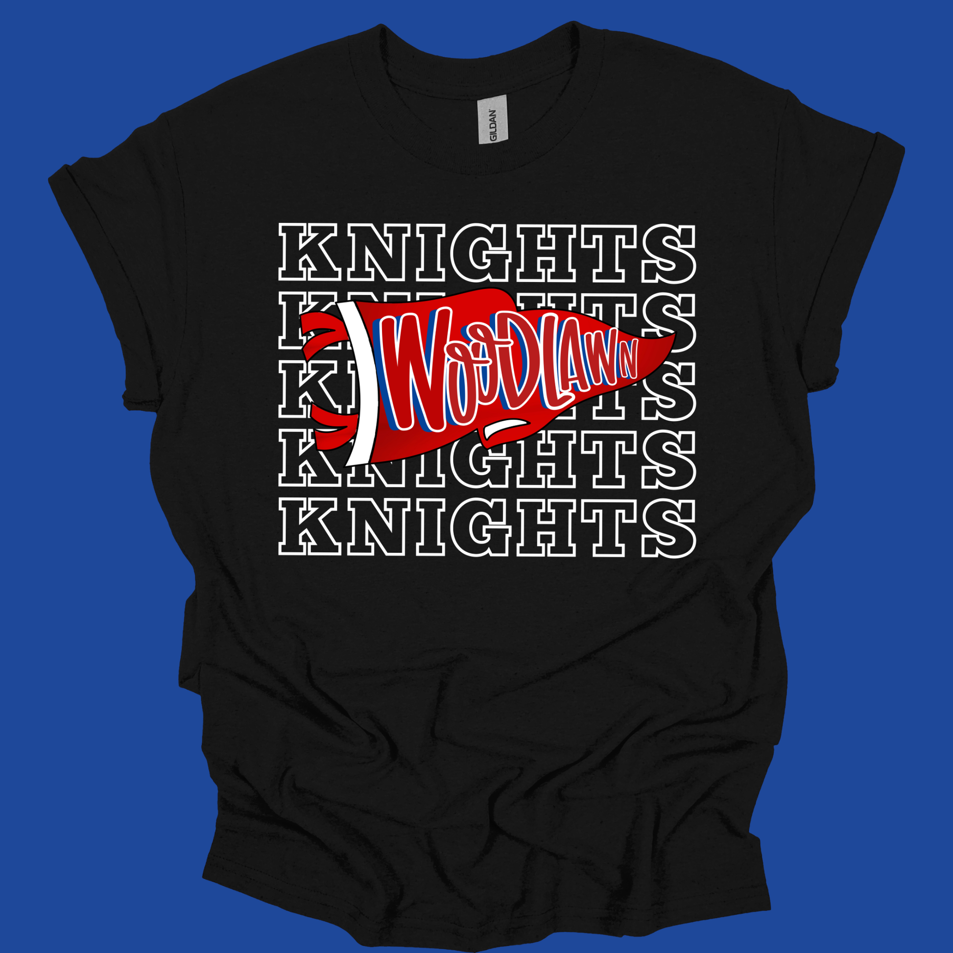 A black short-sleeve t-shirt with a graphic design featuring the word 'WoDLaWn' in red and blue over a repeating white 'KNIGHTS' text pattern, displayed on a solid blue background.