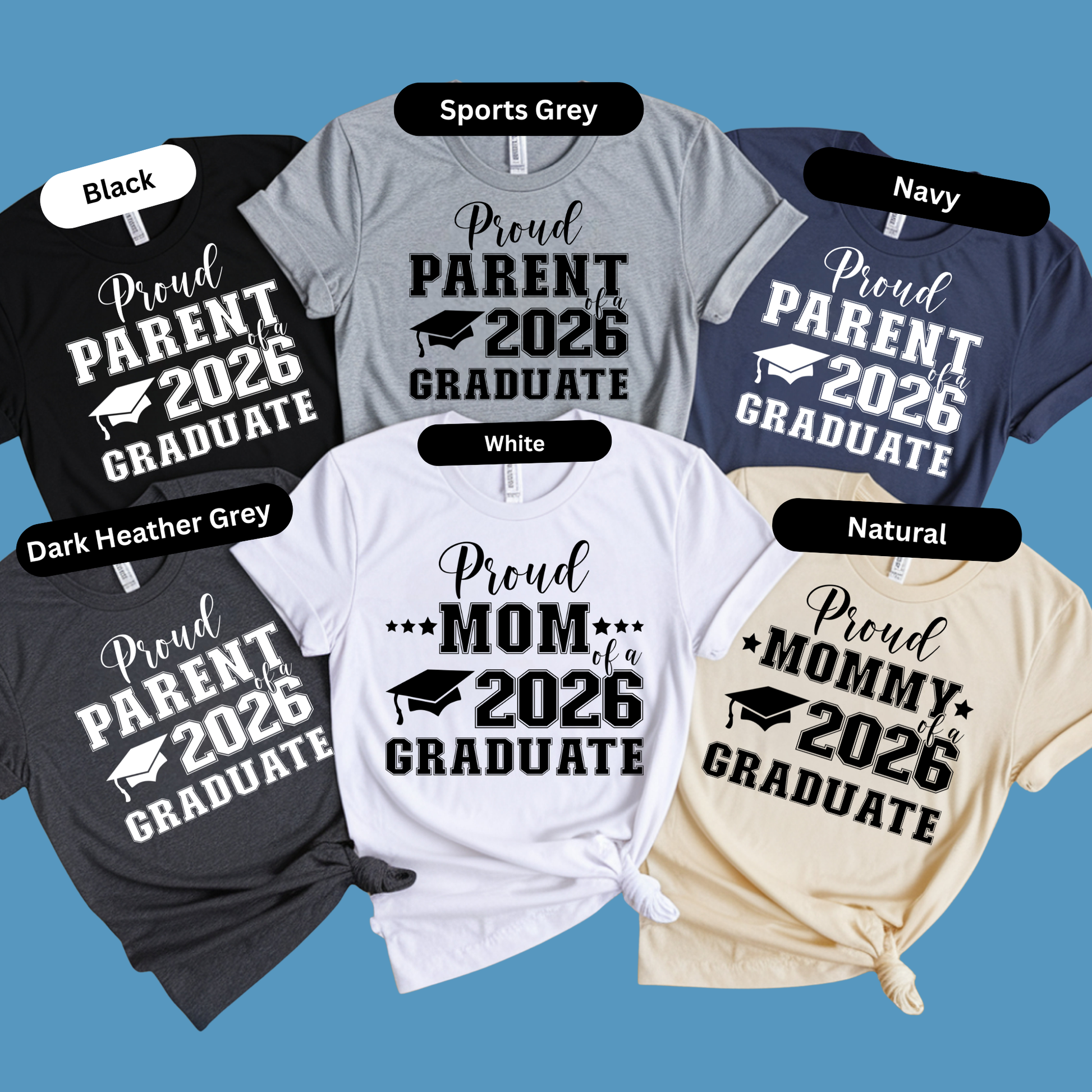 Collection of graduation-themed t-shirts with text and graphics on a blue background