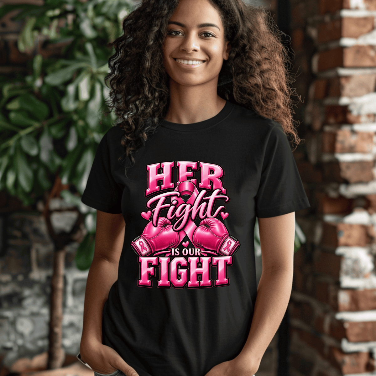 A smiling woman with curly hair wearing a black graphic t-shirt that reads 'HER Fight IS OUR FIGHT' in pink and white, with pink boxing gloves, set against a blurred background of green leaves and a brick wall.