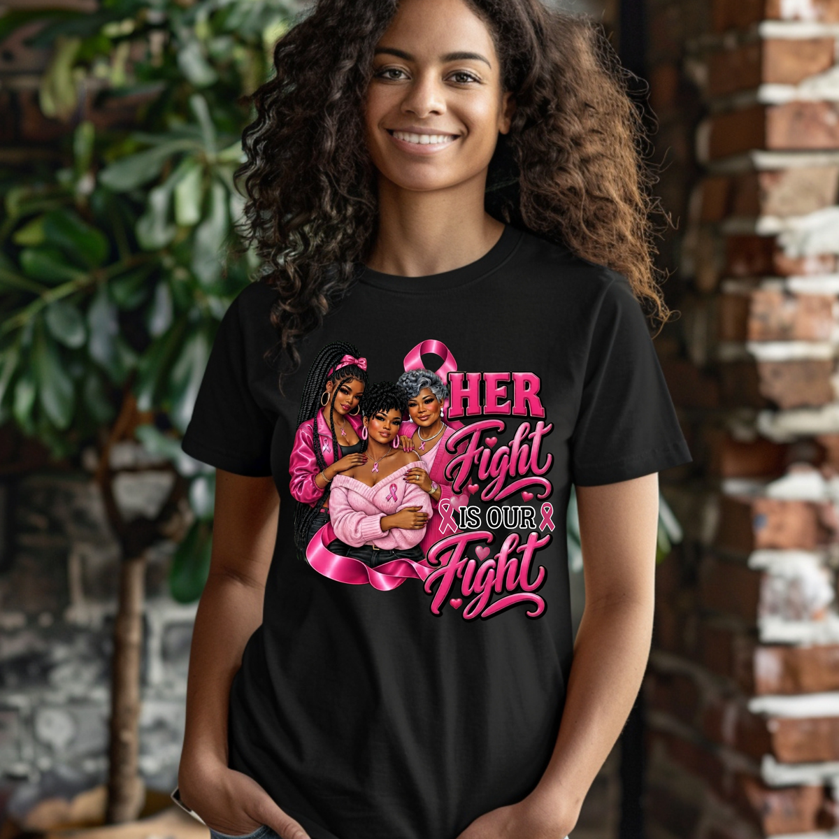 A smiling woman with curly hair wearing a black graphic t-shirt. The shirt features a pink ribbon design and the text 'HER Fight IS OUR Fight' in pink and white, with an illustration of three women.
