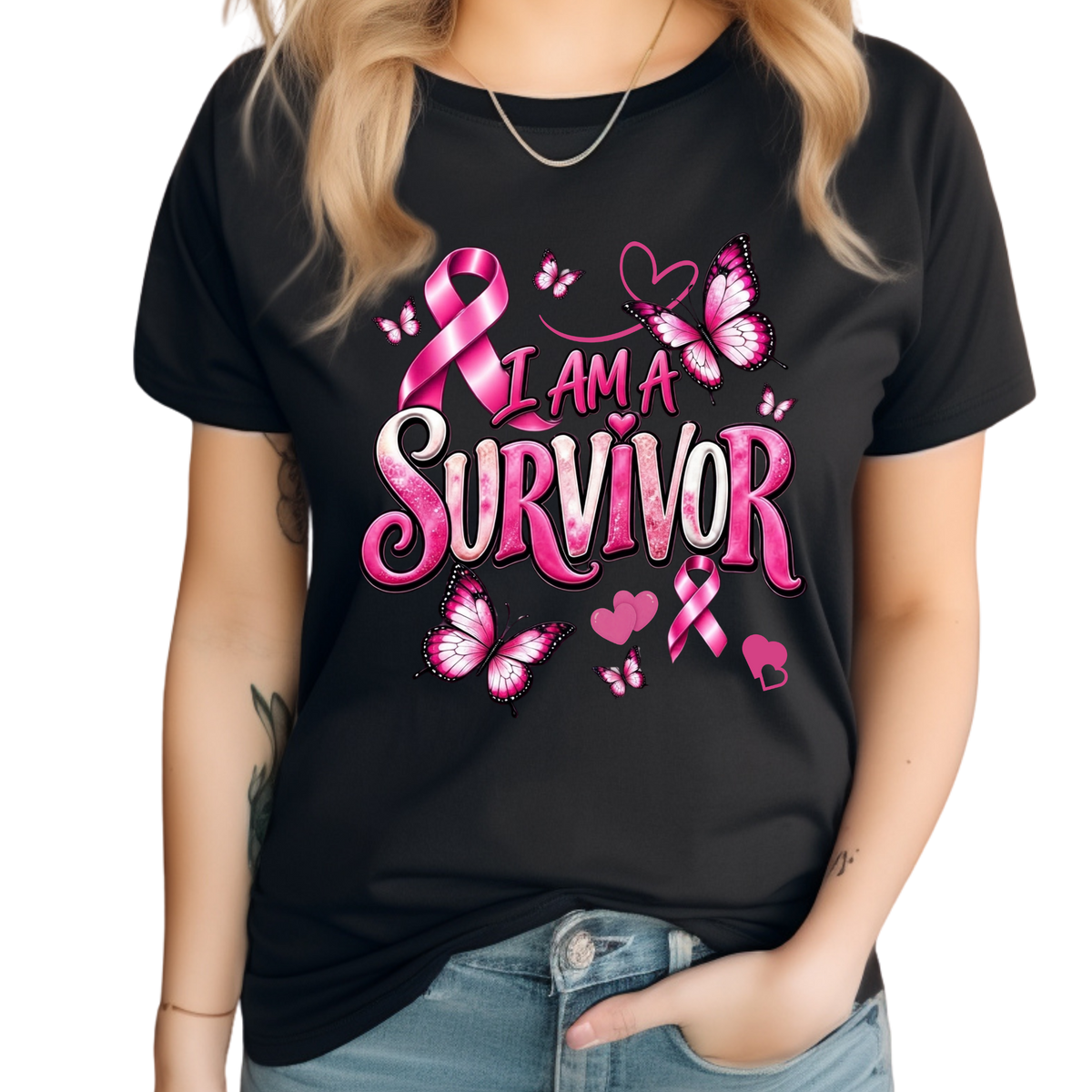 A woman wearing a black short-sleeve t-shirt with a pink graphic that reads 'Breast Cancer WARRIOR' with a pink ribbon and boxing gloves, paired with blue jeans against a white background.