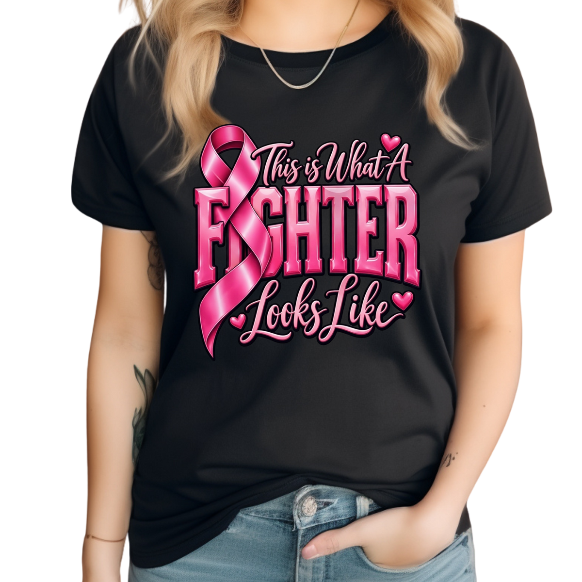 A woman wearing a black short-sleeve t-shirt with a pink graphic that reads 'Breast Cancer WARRIOR' with a pink ribbon and boxing gloves, paired with blue jeans against a white background.