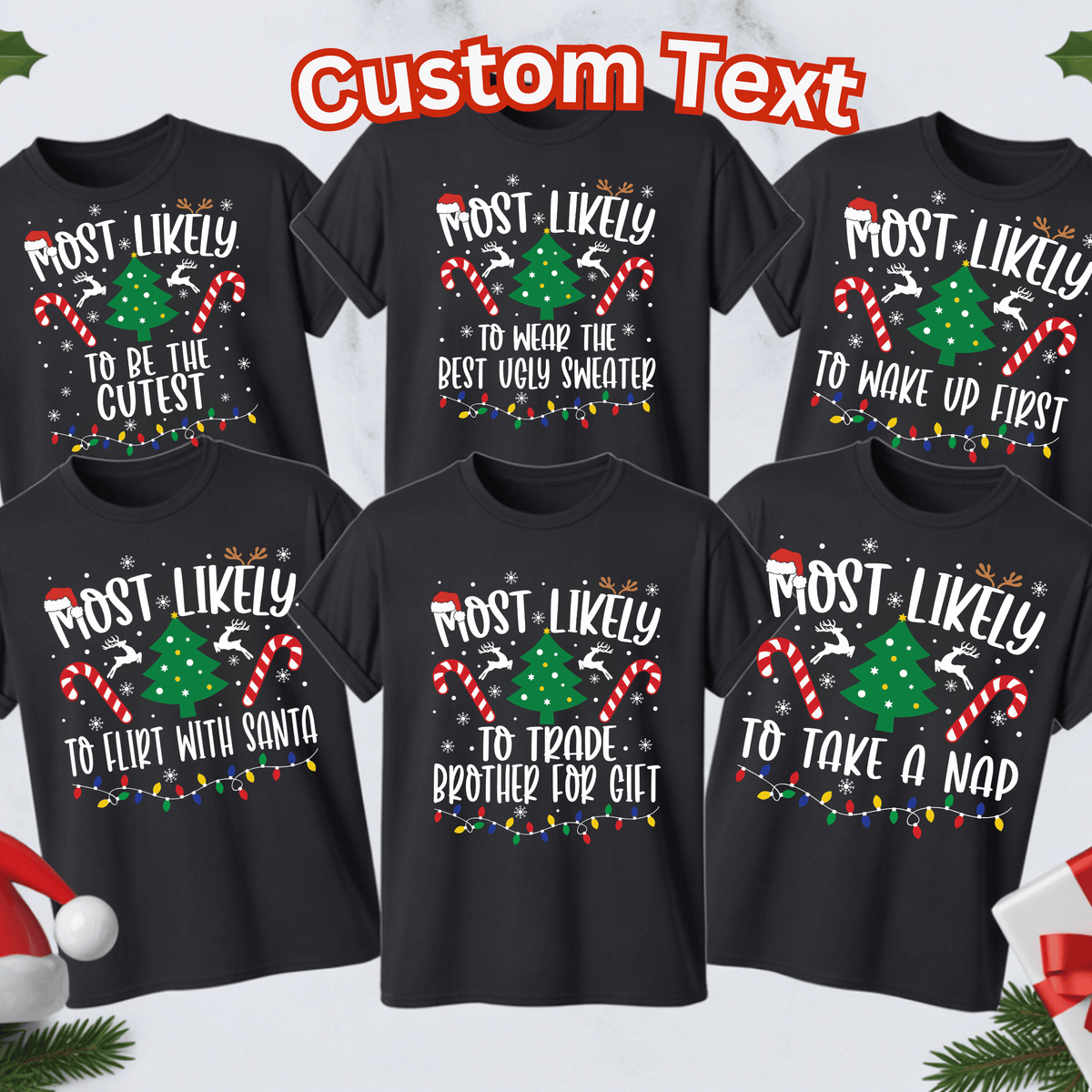 Six black short-sleeve t-shirts arranged in two rows with Christmas-themed custom text graphics. The shirts feature white text and colorful holiday illustrations including a green Christmas tree, candy canes, snowflakes, and string lights.