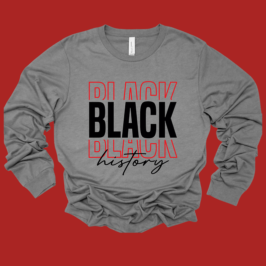 Gray long-sleeve shirt with 'Black History' text on a red background