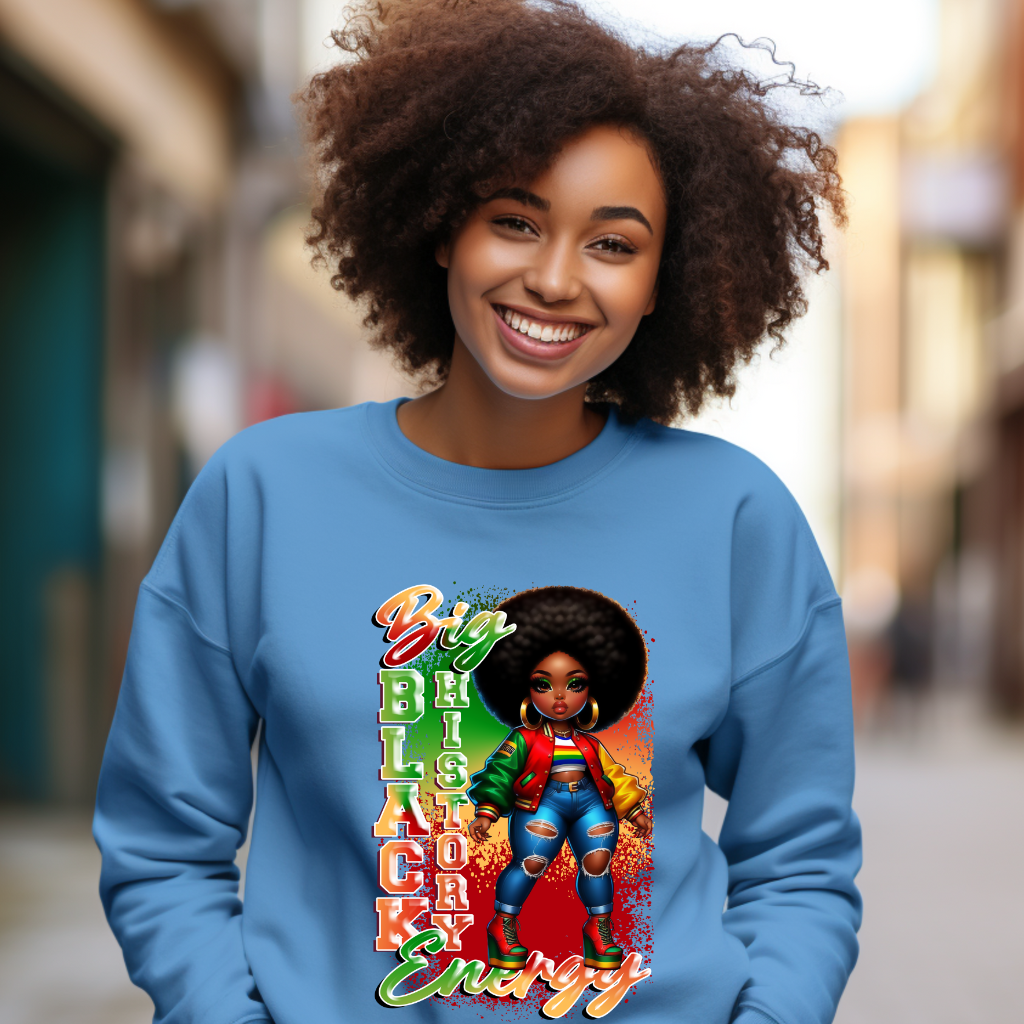 Black history month pride African American Women wearing a Sapphire Blue Black History Big Energy Afro American Women displaying Pride in Black Culture on a Sweatshirt Sweater