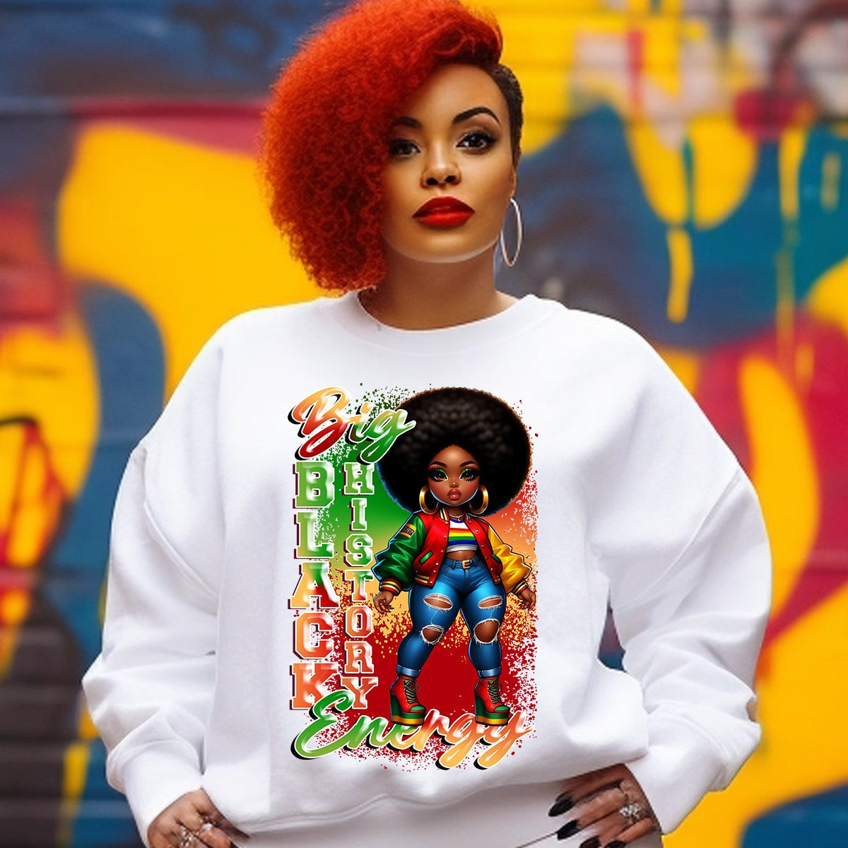 Black history month pride African American Women wearing a white  Black History Big Energy Afro American Women displaying Pride in Black Culture on a Sweatshirt Sweater