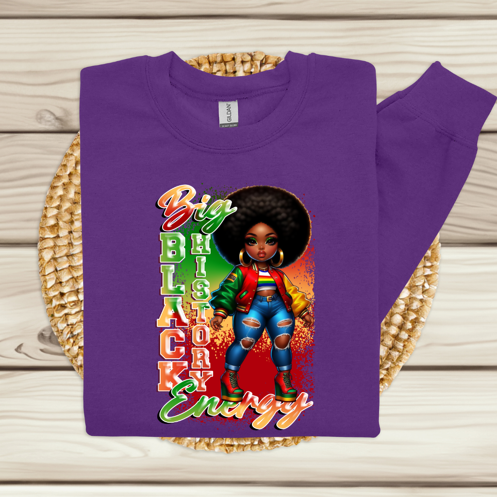 Black history month pride African American Women wearing a Purple Black History Big Energy Afro American Women displaying Pride in Black Culture on a Sweatshirt Sweater