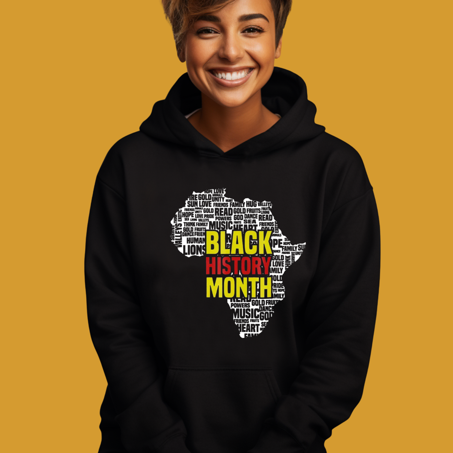 Person wearing a black hoodie with 'Black History Month' design on a yellow background