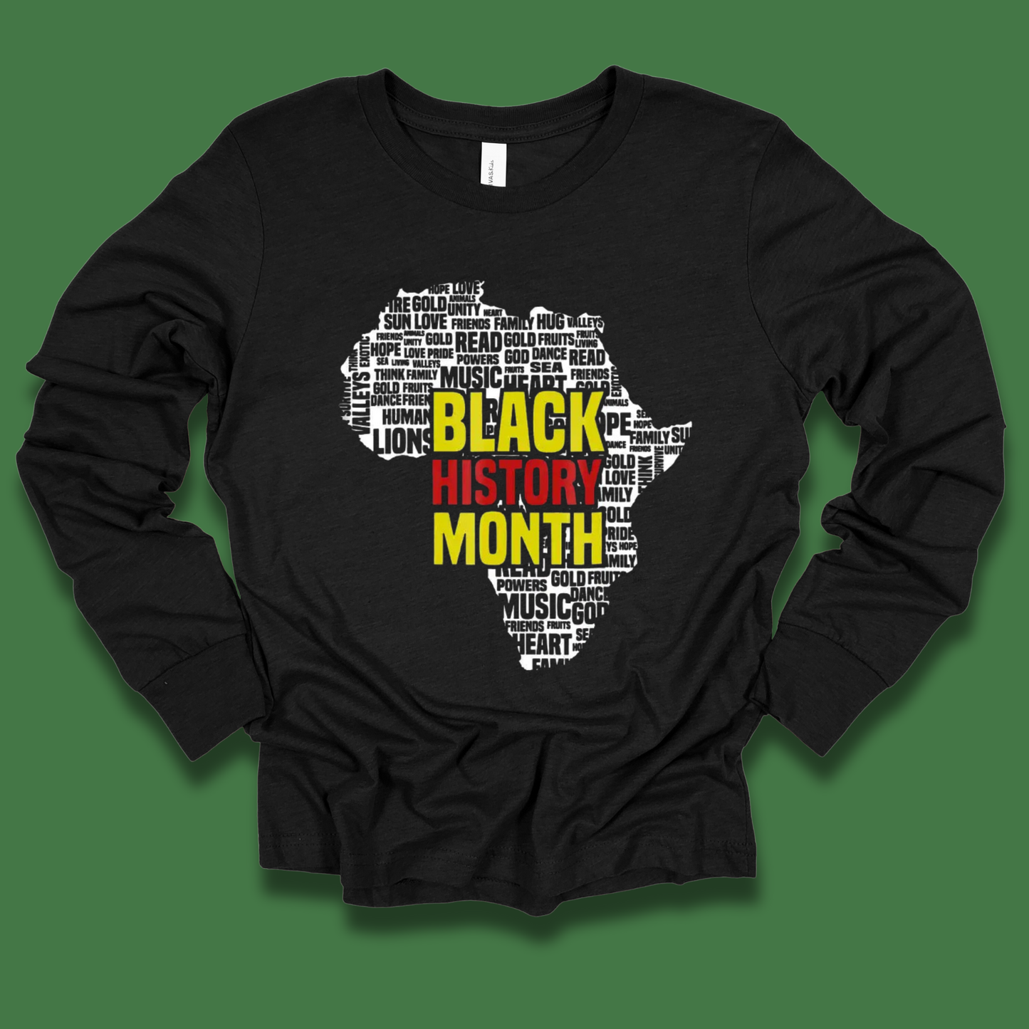 Black long-sleeve shirt with 'Black History Month' design on a green background